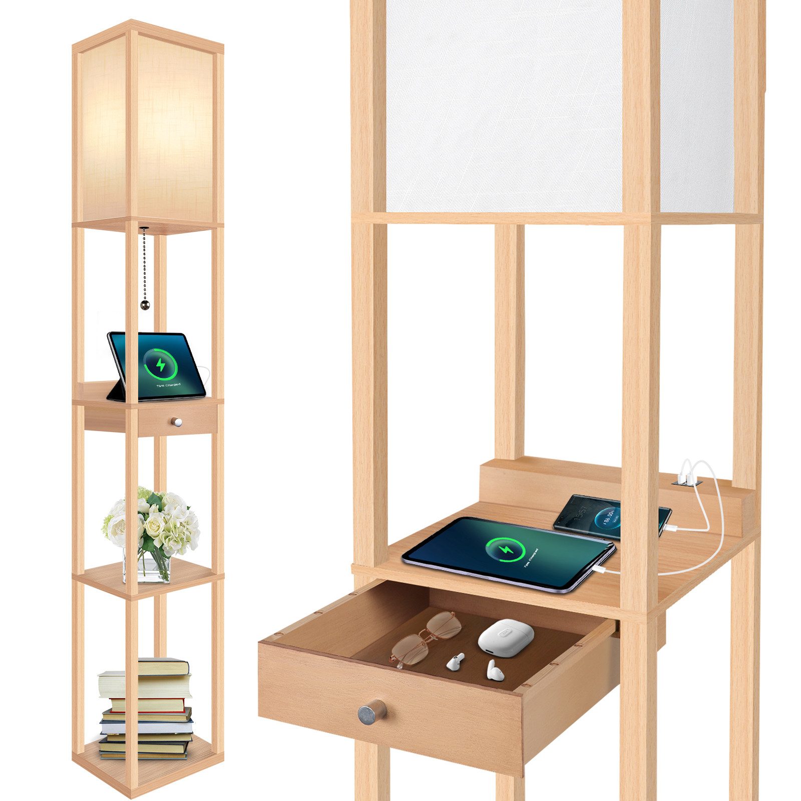 OUTON LED Stehlampe LED-Stehleuchte, Regal mit Schublade, mit 1 USB-A und 1 USB-C, LED wechselbar, 3-fach dimmbare LED, leichter Aufbau