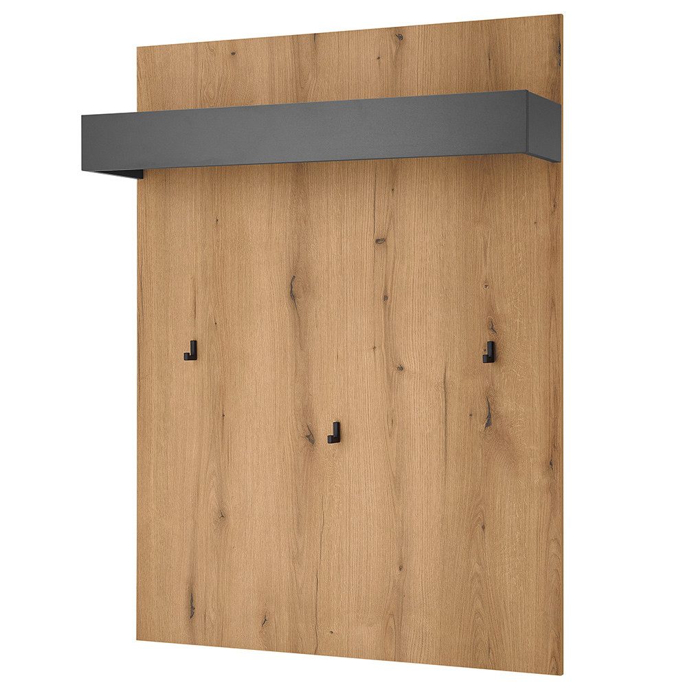 Lomadox Garderobenpaneel CRISP-61, Eiche Nb. mit anthrazit, 1 Ablageboden, 3 Haken, 1 Kleiderstange