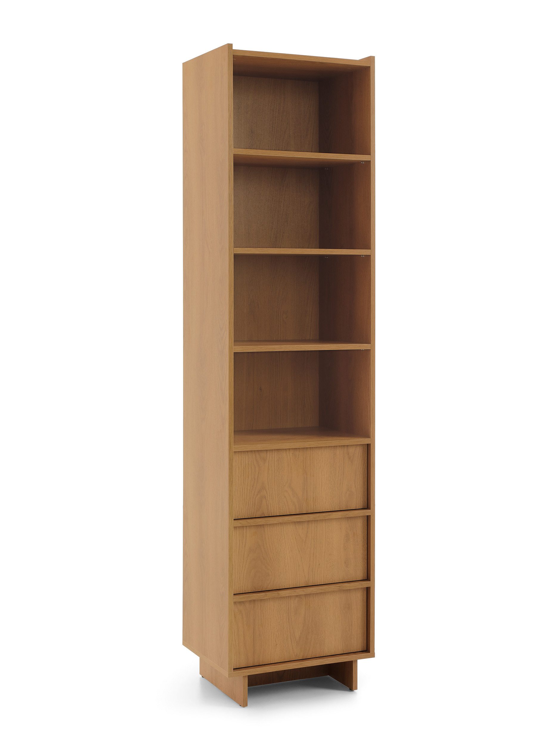 MOEBLO Regal LILIE R50, Regal R50 LILIE in Eiche Caramel – modernes, hohes Standregal & Bücherregal mit offenen Fächern und 3 Schubladen im platzsparenden Design, Bücherregal für das Büro Bücherregal für Dokumente Wohnbereich Wohnzimmer, (BxHxT): 50 x 201 x 39 cm