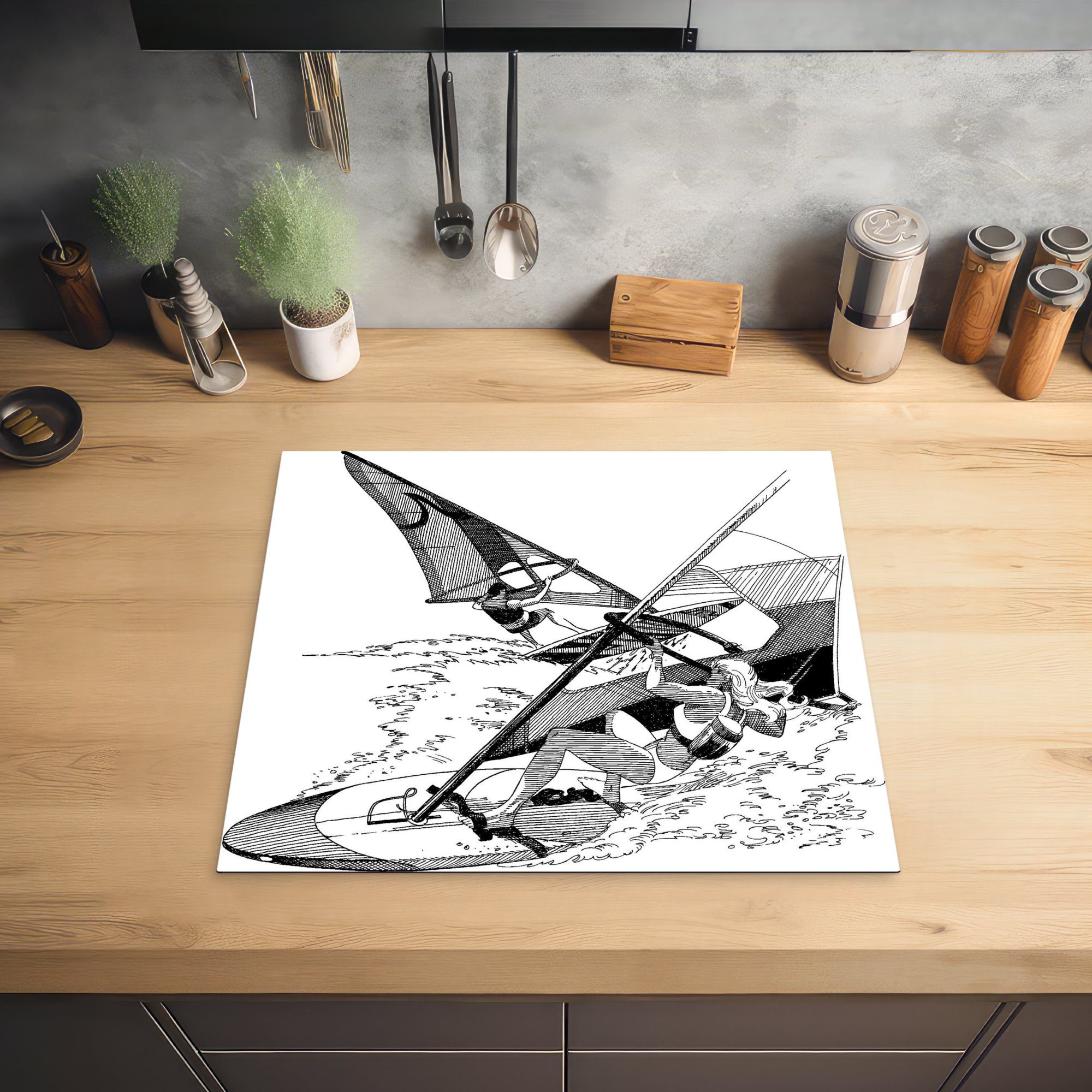 Eine nutzbar, Arbeitsfläche Vinyl, MuchoWow tlg), Mobile Windsurfers, (1 cm, Illustration 60x52 eines Ceranfeldabdeckung Herdblende-/Abdeckplatte schwarz-weiße