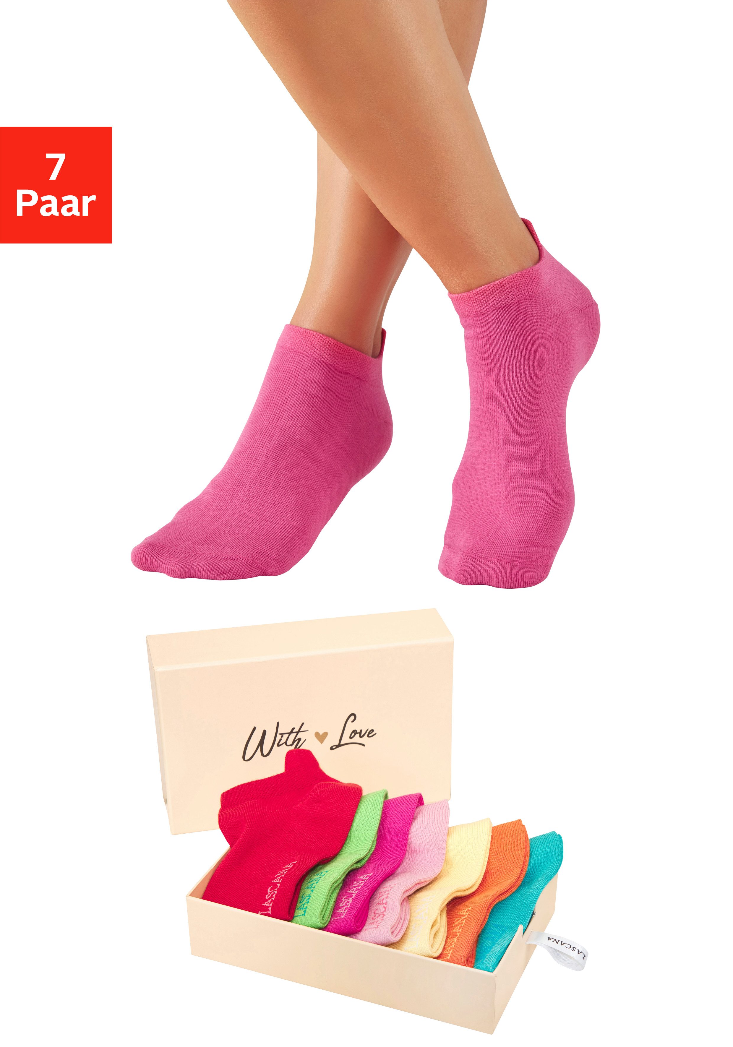 LASCANA Sneakersocken für Damen mit eingestricktem Markenlogo (Box, 7-Paar, Box) in ansprechender Geschenkbox