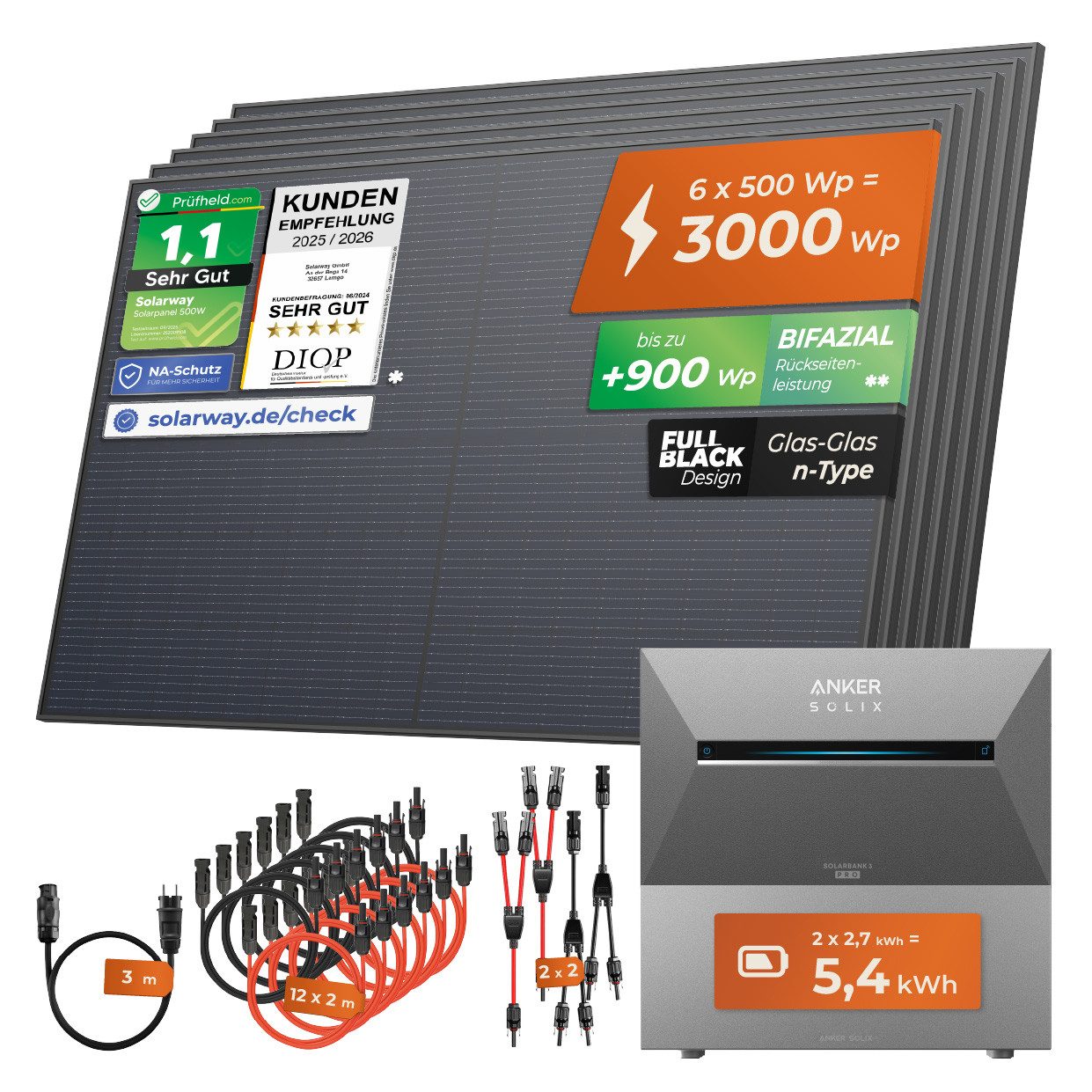 Solarway Balkonkraftwerk All In One mit Speicher 3000W komplett Steckdose - 5,4 kWh Anker, 3000 W, Prismatische LiFePO₄-Zellen, (Komplettset mit Speicher), Steckdose - 5,4 kWh Anker Solix 3