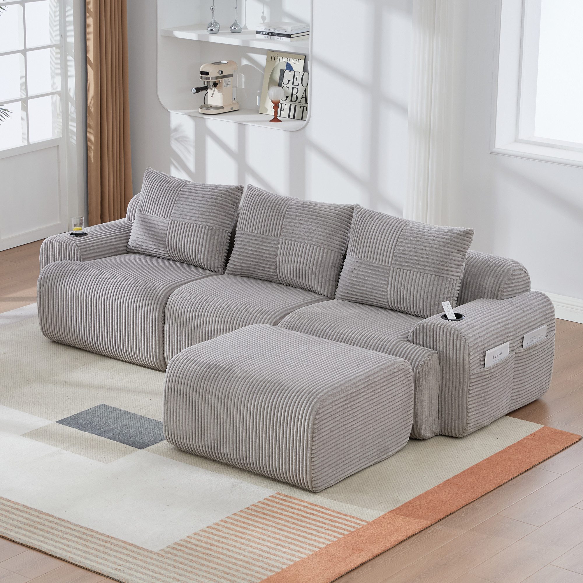 OKWISH Sofa Loungesofa, mit Hockern, Frei kombinierbar, inklusive Getränkehalter und seitlicher Aufbewahrungstasche, Kindersofa