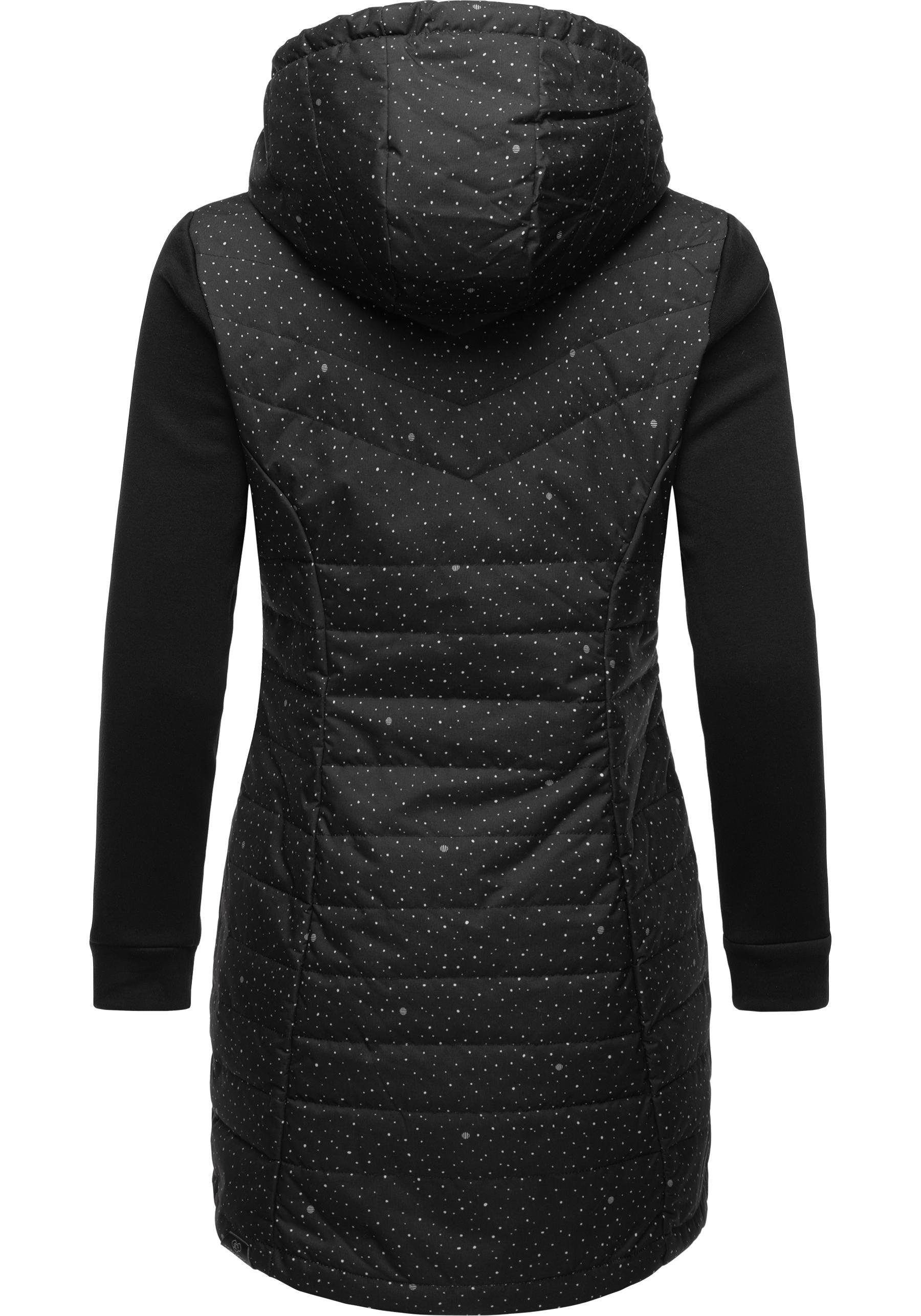 Outdoorjacke Kapuze Steppjacke Long aus schwarz mit Print modernem Ragwear Materialmix Lucinda