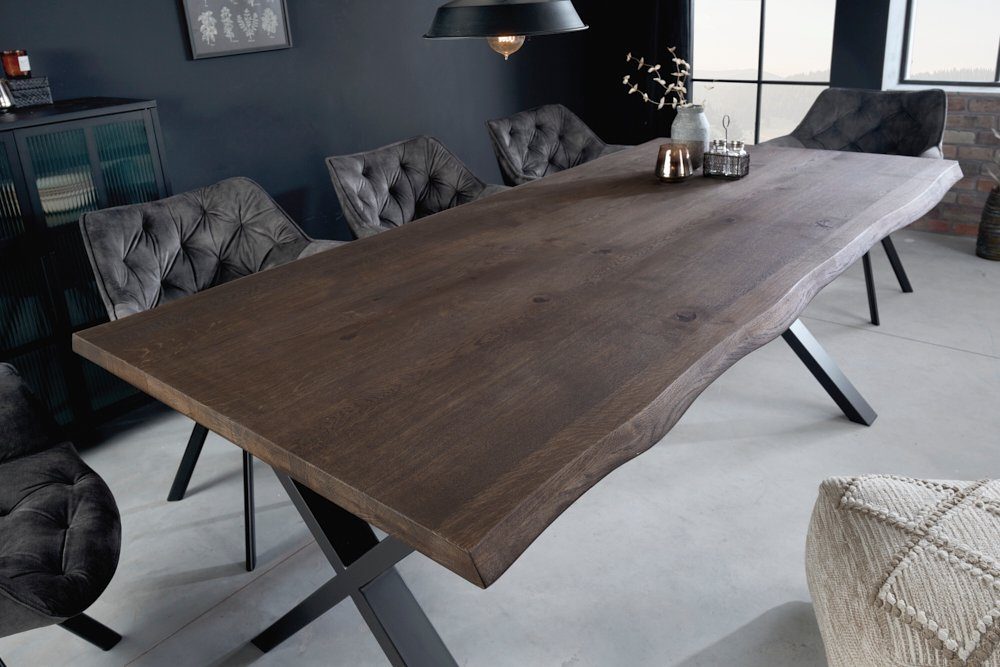 Metall Massivholz Wildeiche · OAK · 160cm verlängerbar schwarz · · grau / geölt (smoke riess-ambiente WILD (Einzelartikel, finish) X-Gestell Baumkantentisch 1-St), ·