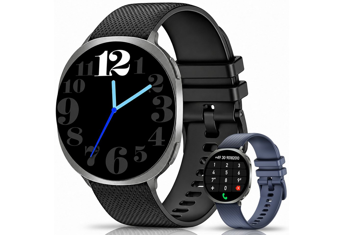 Whraills Smartwatch Damen Herren,1,43" AMOLED Display mit Pulsuhr/Blutdruck/ Smartwatch, SpO₂/Schlafmonitor,Fitness Tracker mit 110+ Sportmodi,Schrittzähler,Bluetooth 5.4,IP68 Fitnessuhr mit 2 Armbändern für Android iOS