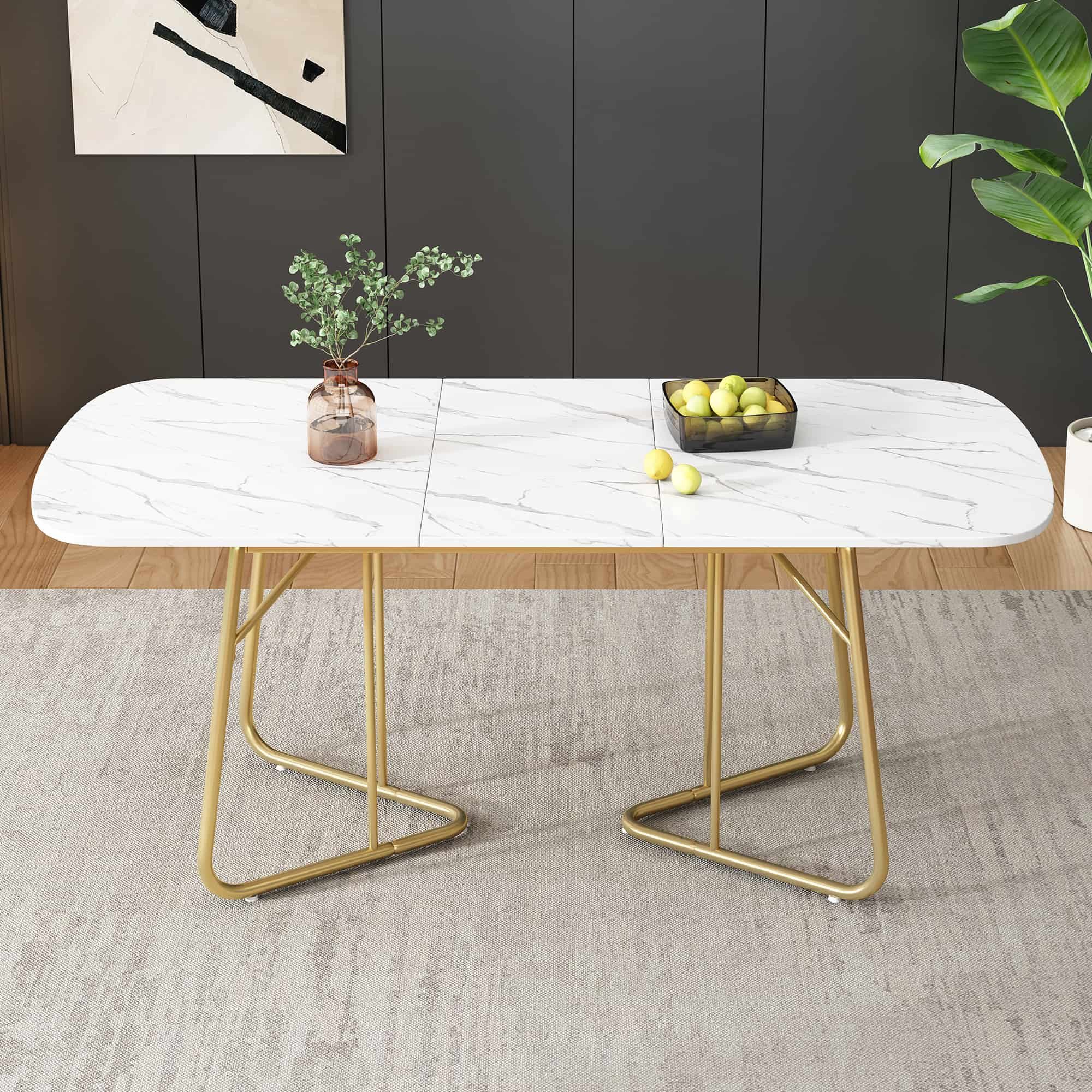 BBWL Esstisch Weißer Erweiterbarer Esstisch mit Marmorstruktur und Gold-Metallbeinen (140 bis 180 x 80 cm moderner minimalistischer Luxusstil robuste MDF-Tischp – Bild 3 von 5