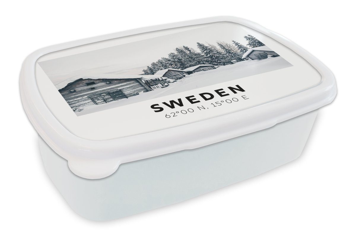 MuchoWow Lunchbox Schweden - Schnee - Baum - Skandinavien, Kunststoff, (2-tlg), Brotbox für Kinder und Erwachsene, Brotdose, für Jungs und Mädchen weiß