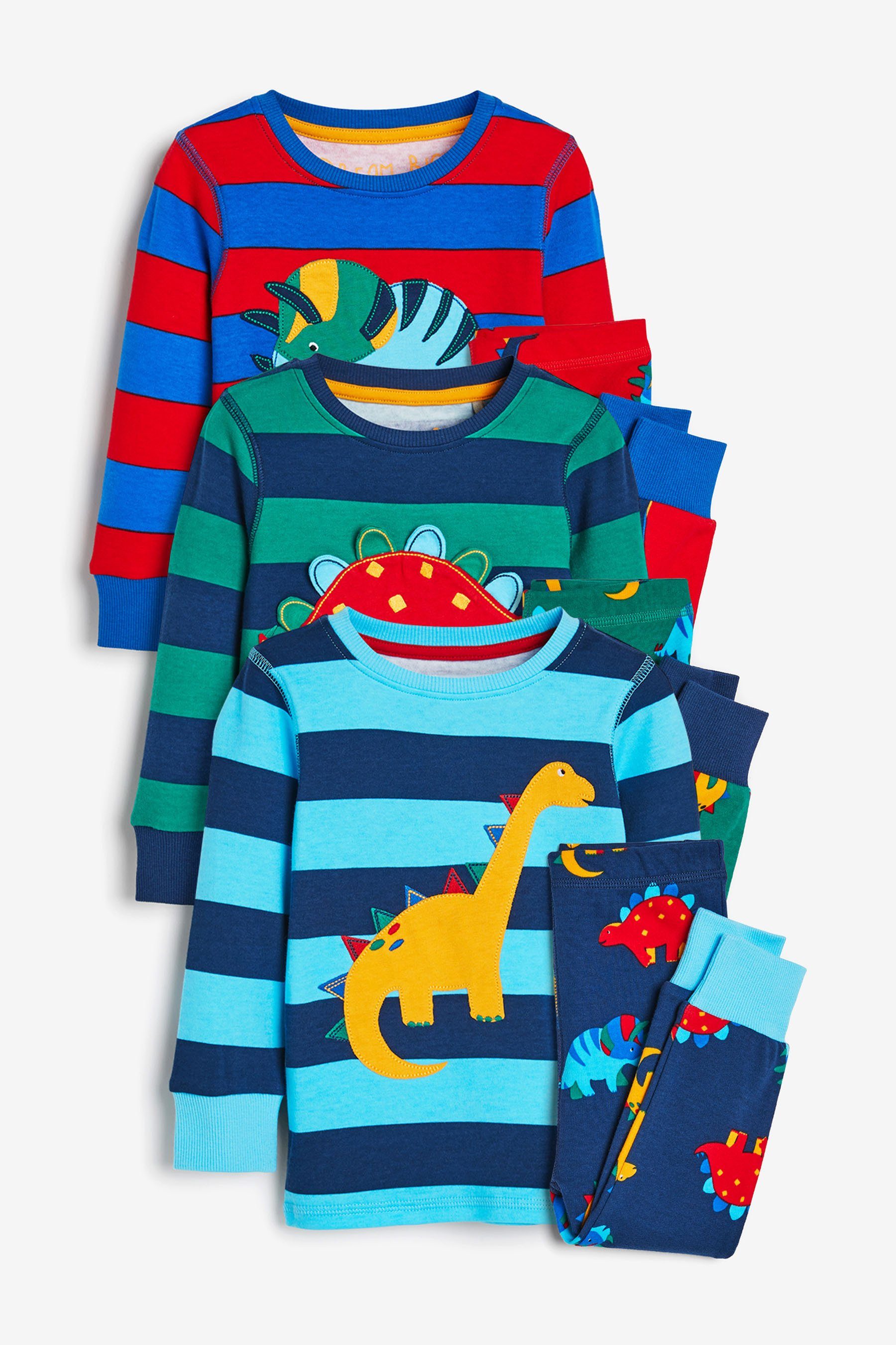 Next Pyjama Kuschelpyjamas, 3er-Pack (6 tlg) Blue/Red/Green Stripe Dino