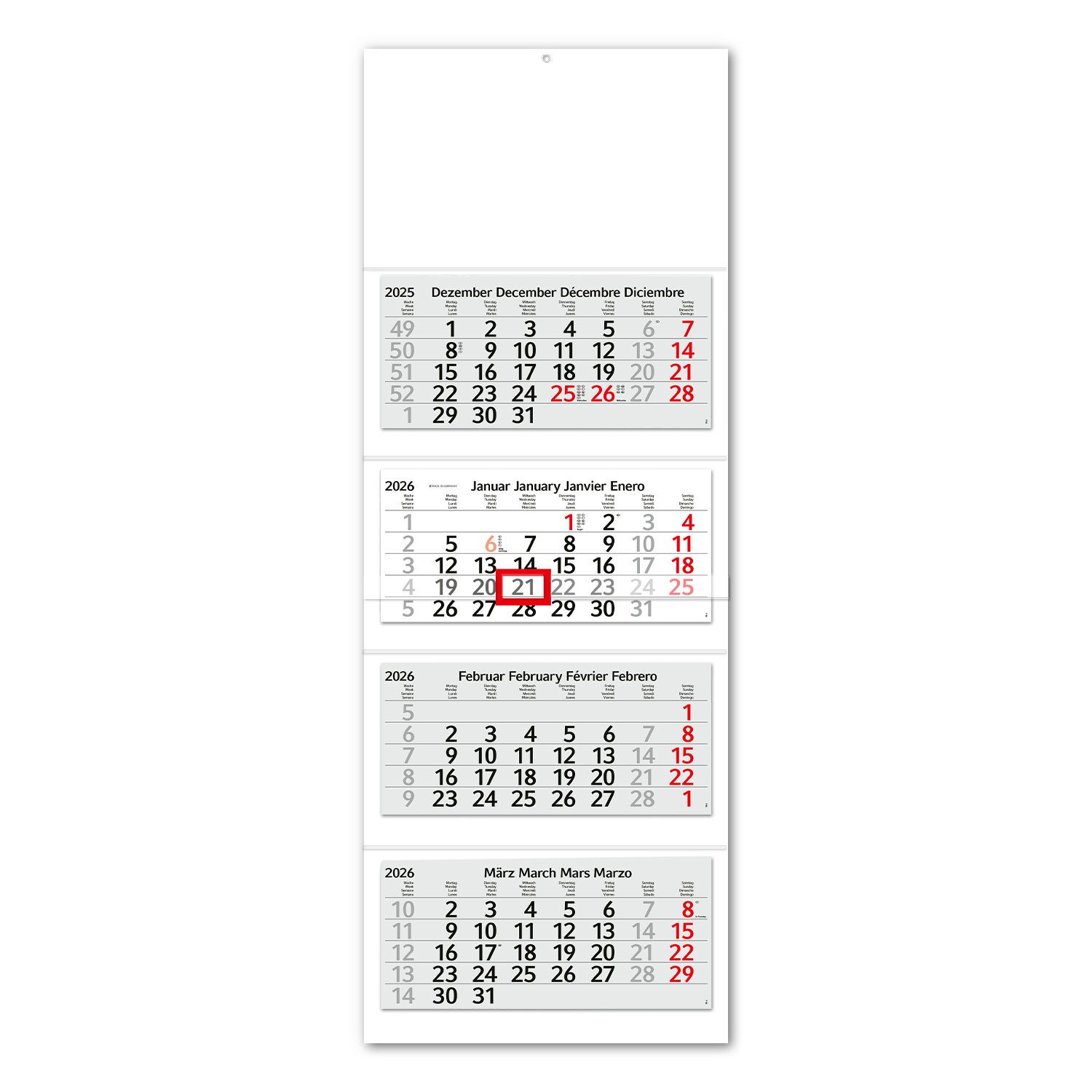 Timr Monatskalender 4 Monatskalender 2026 I 33 x 90 cm I Jahresplaner mit Feiertagen