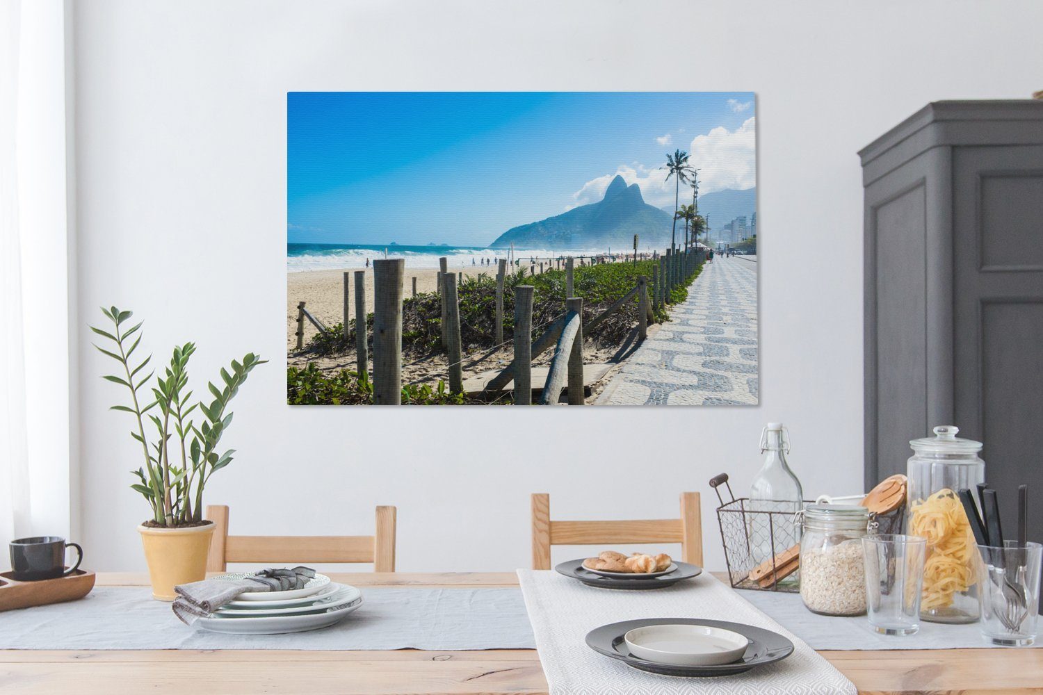 (1 Ipanema Strand einem Südamerika von Tag, Gemälde, OneMillionCanvasses® Leinwandbild für den großes, Wohnbereiche, alle XXL, Blick in Wandbild auf 120x80 cm St), an sonnigen