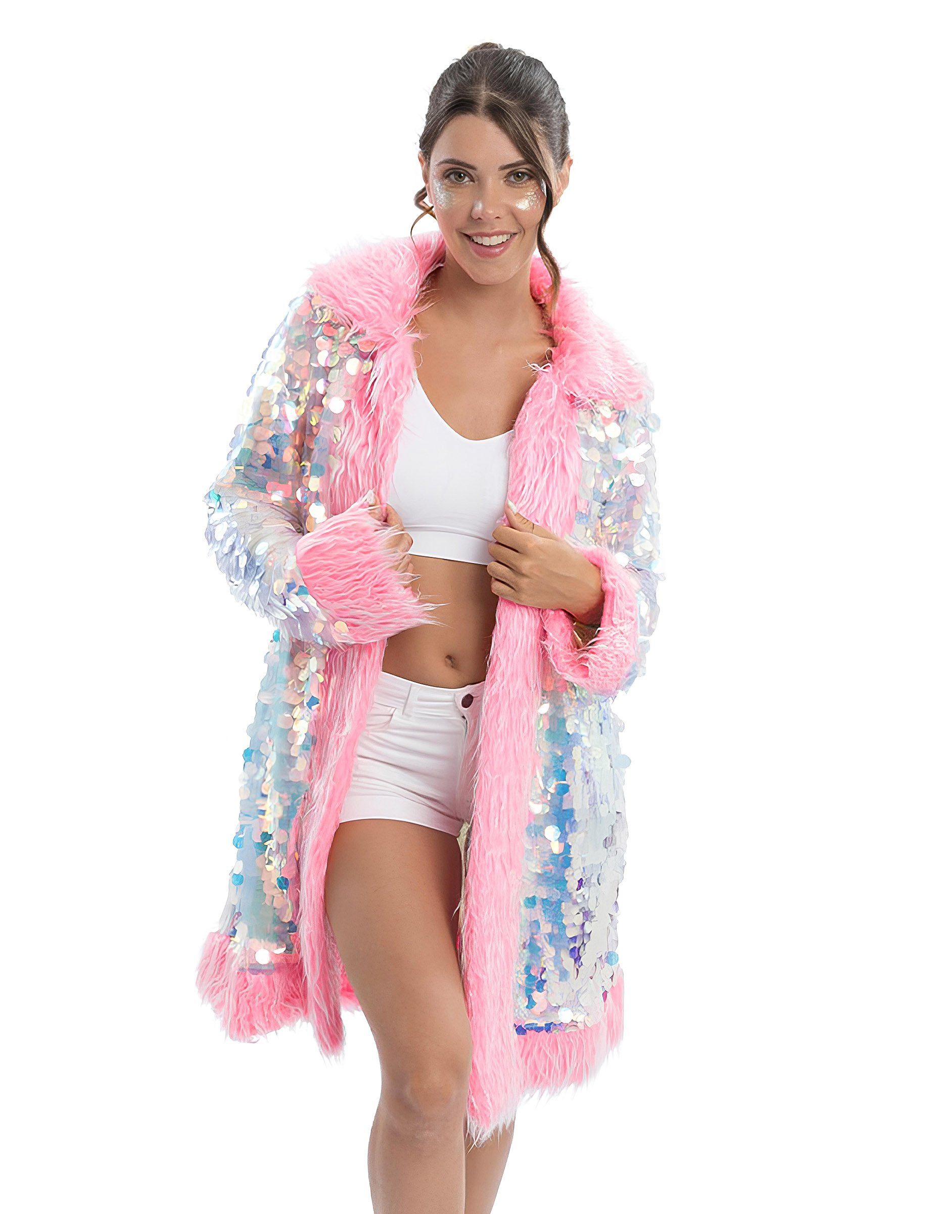 CHAKS Partyanzug Wendbarer Paillettenmantel mit Kunstfell pink für Erwachse günstig online kaufen