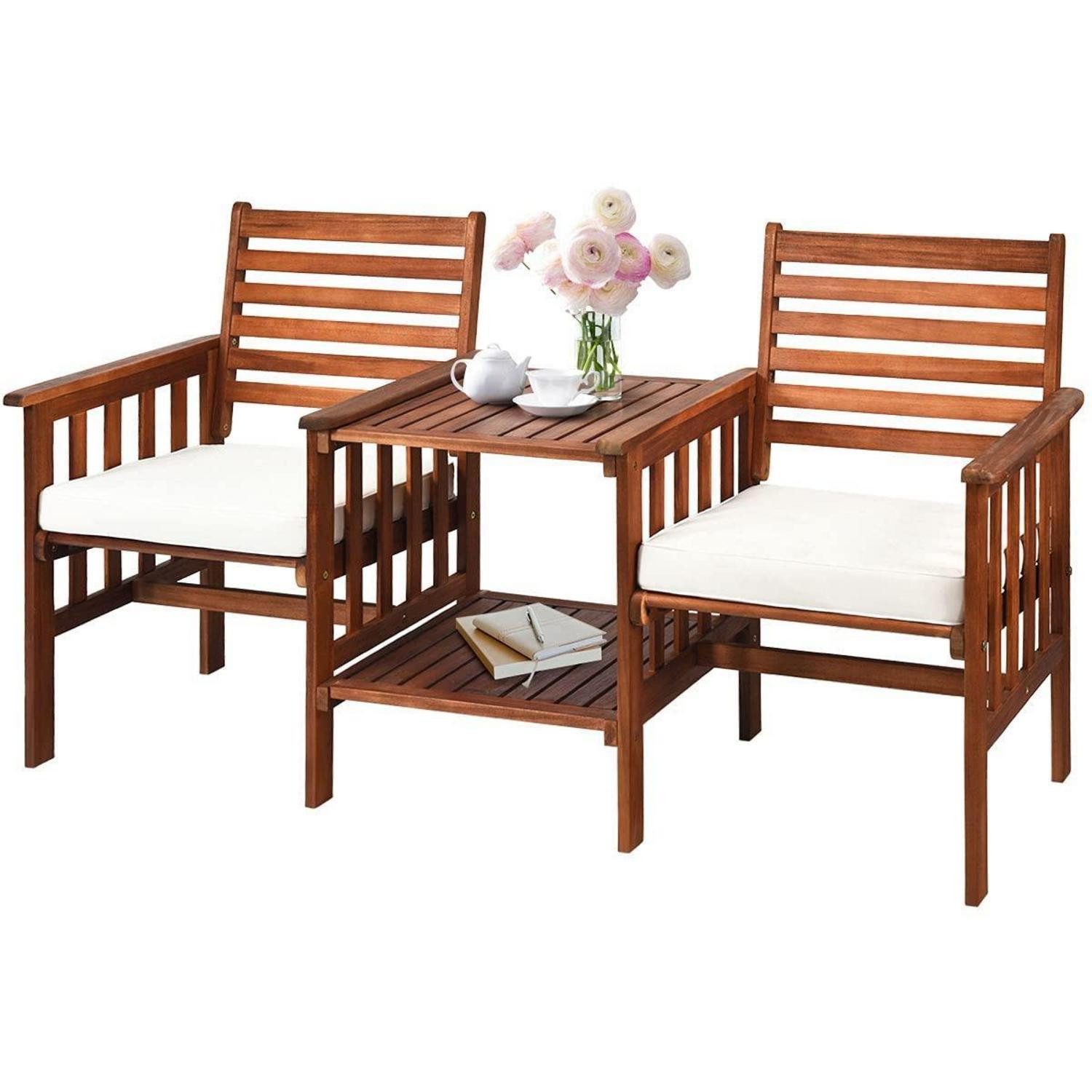 LuxusKollektion Sitzgruppe Gartenbank mit Tisch Akazienholz Braun+Weiss