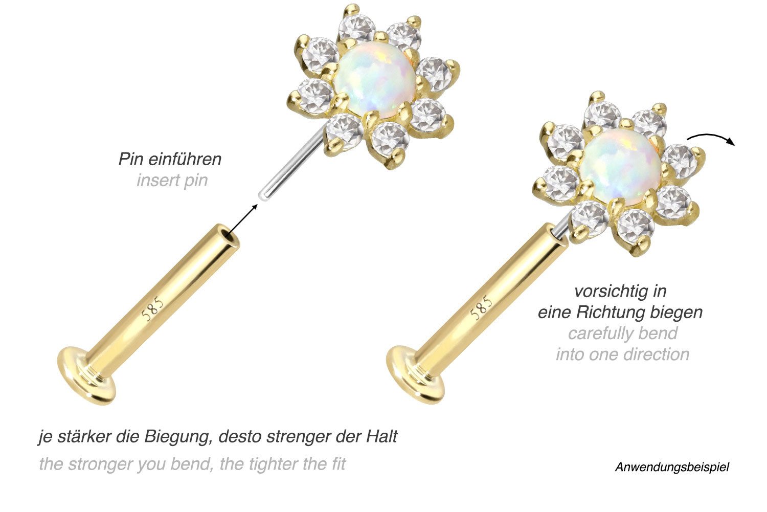 PIERCINGLINE Piercing-Set 14 Karat Gold Labret mit Push Fit MOISSANIT-BLUME + SYNTHETISCHER OPAL (Labrets, 1-tlg)