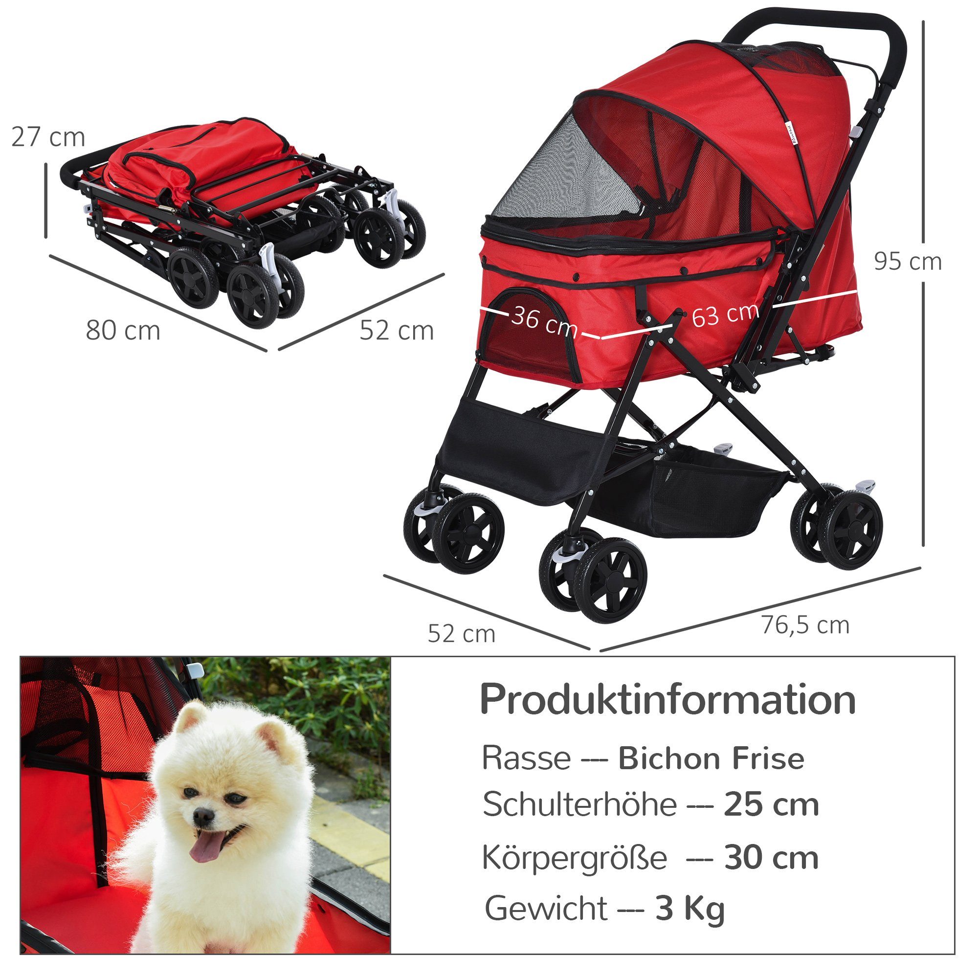 PawHut Hundebuggy Hundewagen Buggy Pet Stroller Oxford Rot, (Haustierwagen, 1-tlg), für kleine Hunde und Katzen, Oxford Rot, 76,5 x 52 x 95 cm