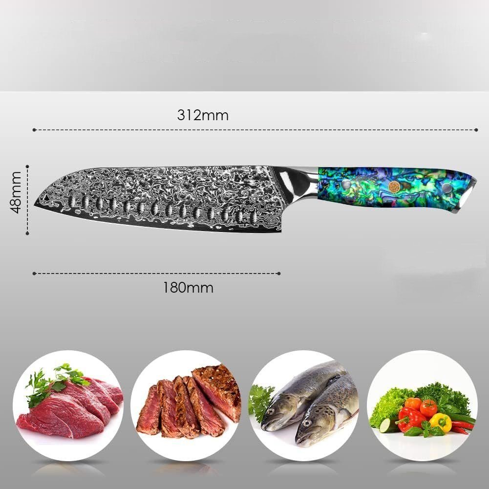 KEENZO Abalone-Muschel Lagen VG10 Griff aus Damastmesser Damaststahl Santoku-Messer 67