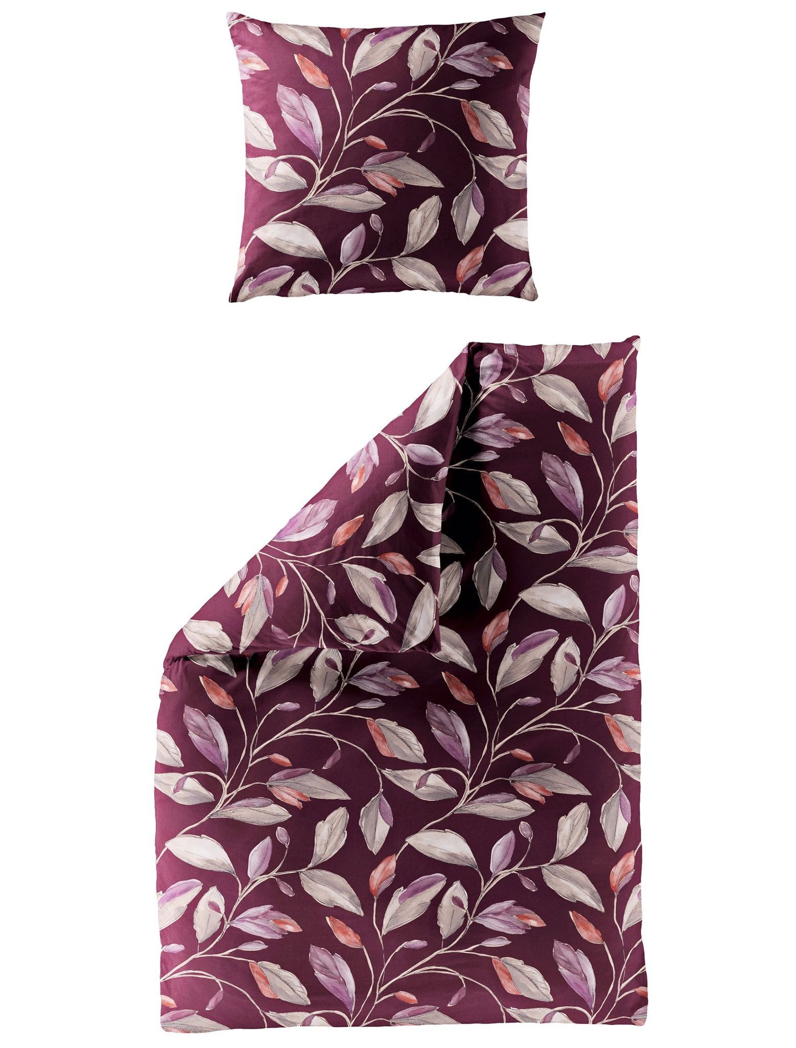 BIERBAUM Bettwäsche 135x200cm, Blätter Blatt Bordeaux Lila Orange Bierbaum, Satin, 2 teilig, seidiger Glanz, elegantes Motiv