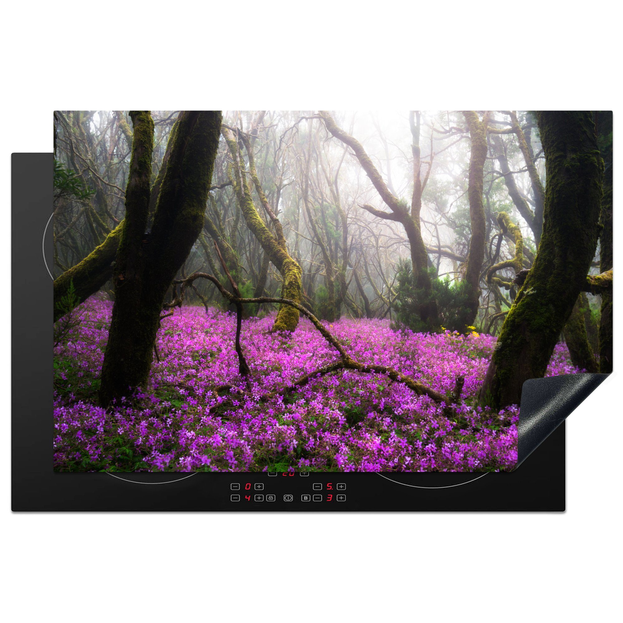 MuchoWow Herdblende-/Abdeckplatte Leuchtend rosa Blumen im Garajonay-Nationalpark in Spanien, Vinyl, (1 tlg), 81x52 cm, Induktionskochfeld Schutz für die küche, Ceranfeldabdeckung