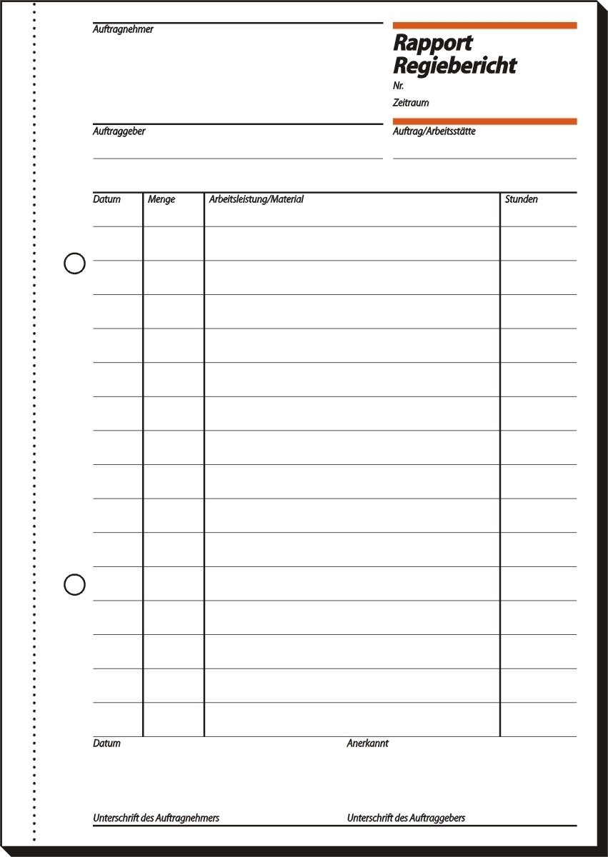 Formularblock Formularbuch Rapport/Regiebericht A5 hoch VE=100 Blatt.