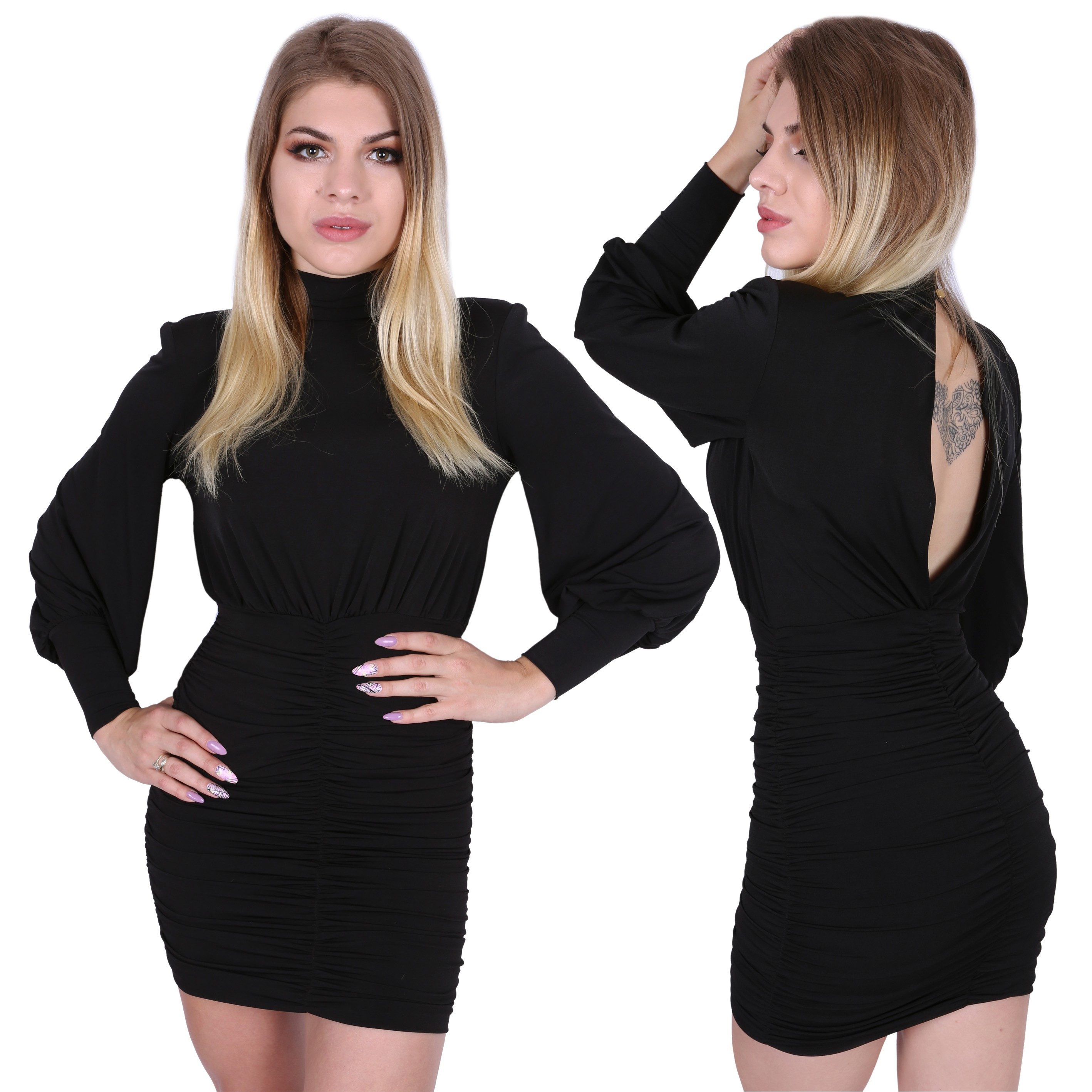 Minikleid Schwarzes, drapiertes, kurzes Kleid mit Rollkragen John Zack XL