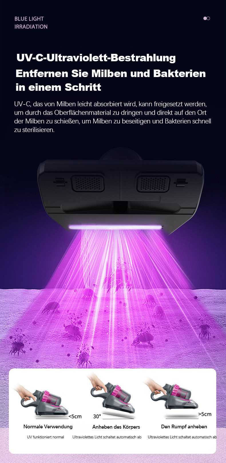 OYLCDI Matratzenreinigungsgerät Matratzensauger, Milben Handstaubsauger,10.000Pa Saugleistung, 100,00 W, Beuteltier, UV-C Sterilisation,HEPA Filter,entfernt 99,9% Aller Milben