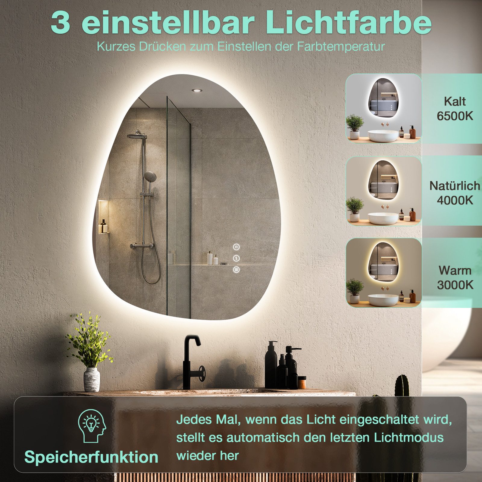 GIMBELEN Badspiegel Asymmetrischer Badezimmerspiegel mit LED-Beleuchtung, dimmbar, Antibeschlag, IP44, Touch-Schalter, Memory-Funktion