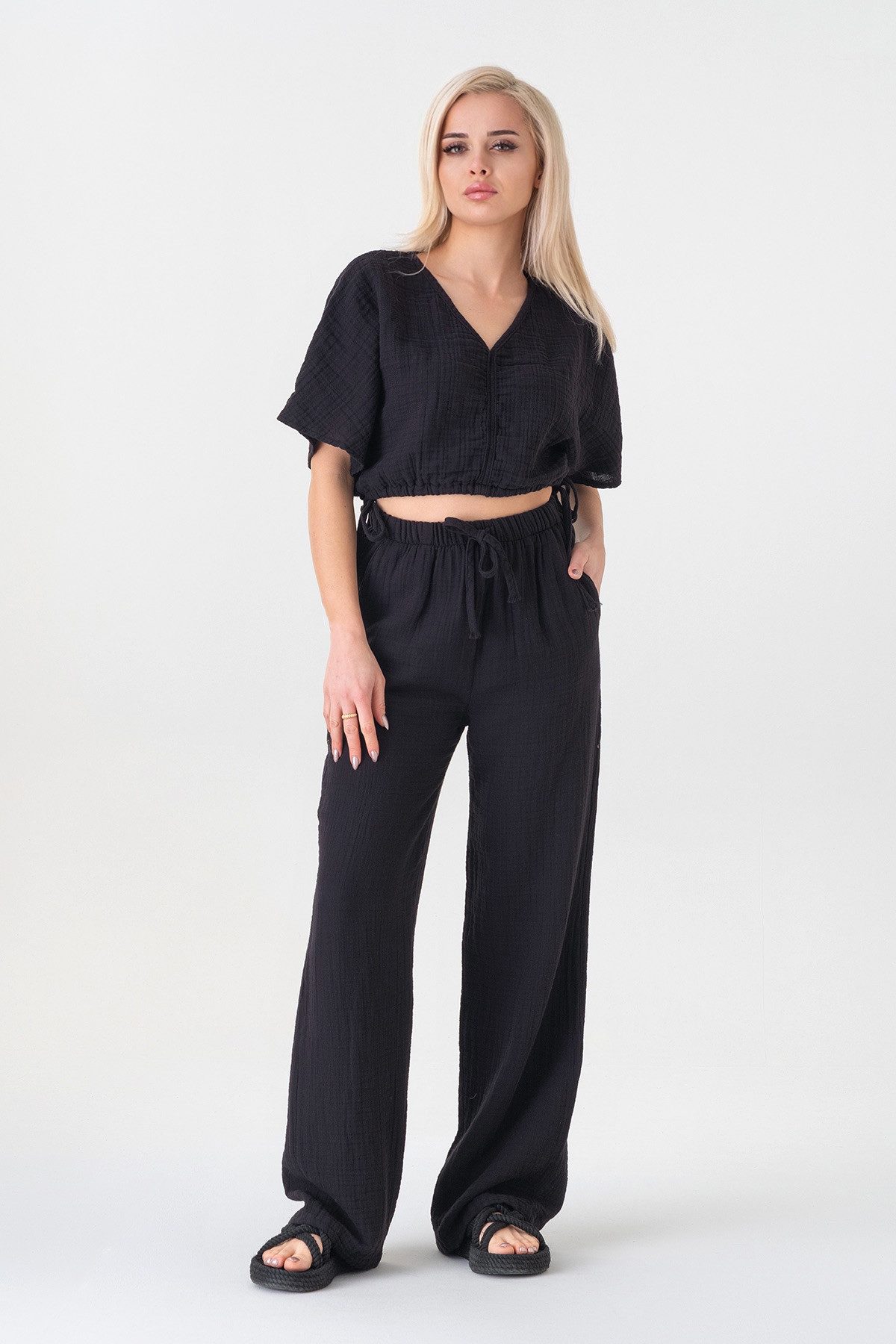 WENOR Palazzohose Damen Musselin-Hose - Sommerhose 100 % Baumwolle, elastischer Bund Weiter Beinverlauf, Musselinstruktur, luftiger Schnitt