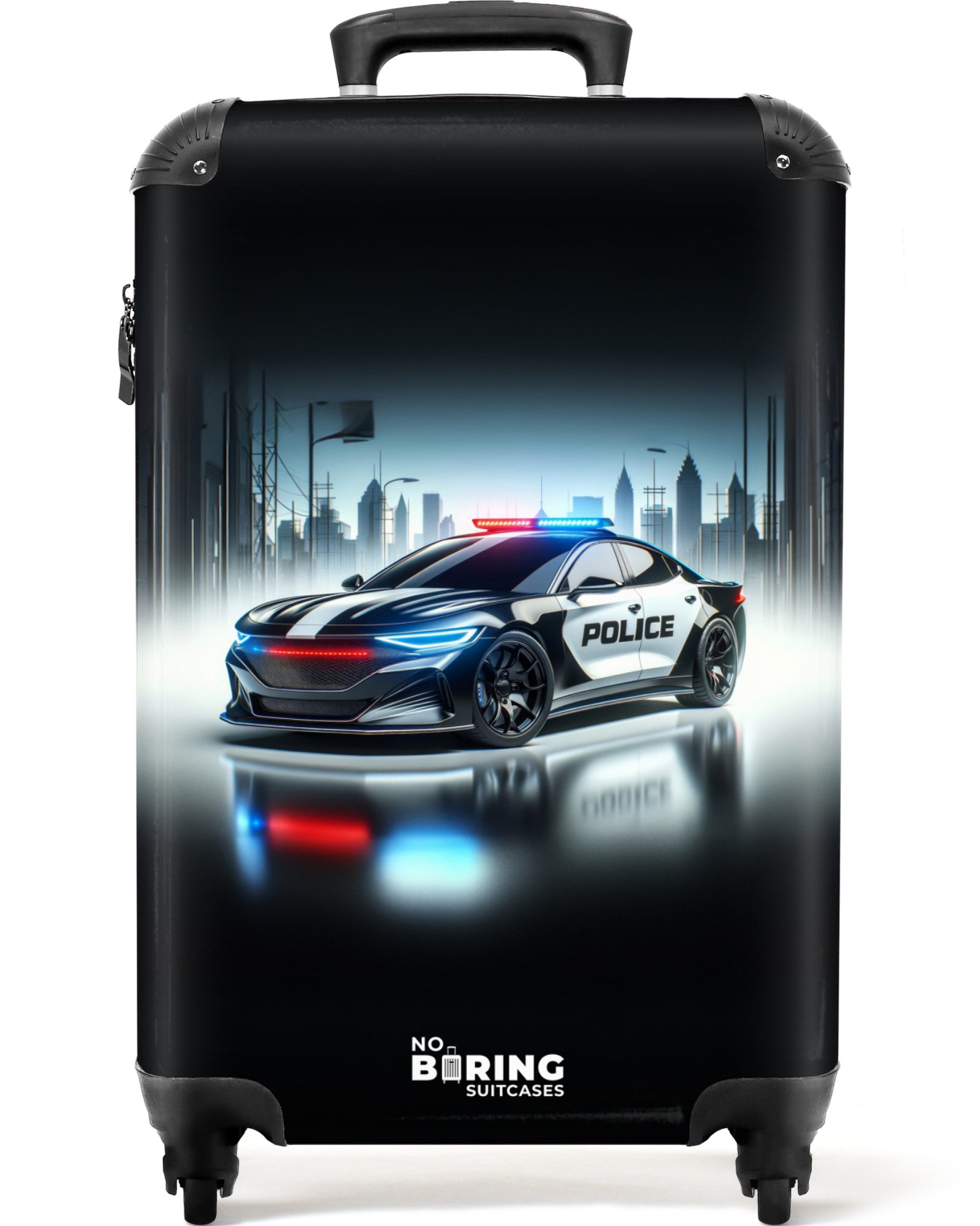Kinderkoffer Schwarz-weißes Polizeiauto vor einer Skyline 55x35x20cm