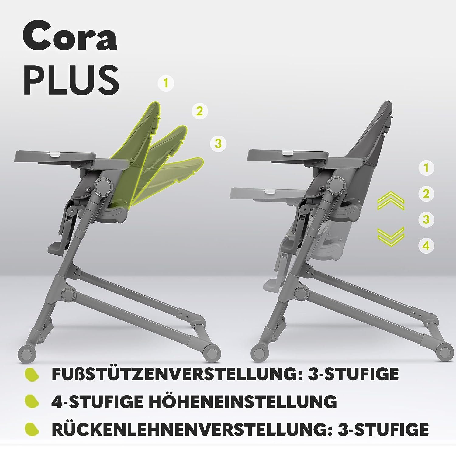 Liegefunktion, Konstruktion, Hochstuhl mit und Cora 3 lionelo Fütterungsstuhl (Set), Jahre bis 2-IN-1 Robuste Plus Sichere Grau STUHL: