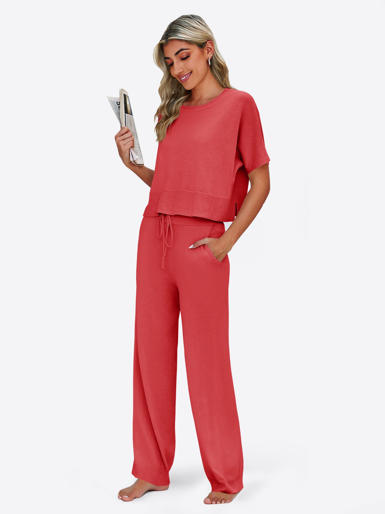 Imily Bela Hausanzug Damen 2-teilige Pullover-Sets (Set, 2 tlg., Strick-Crop-Tops mit Schlitz + High-Waist-Hosen) Volltonfarbe