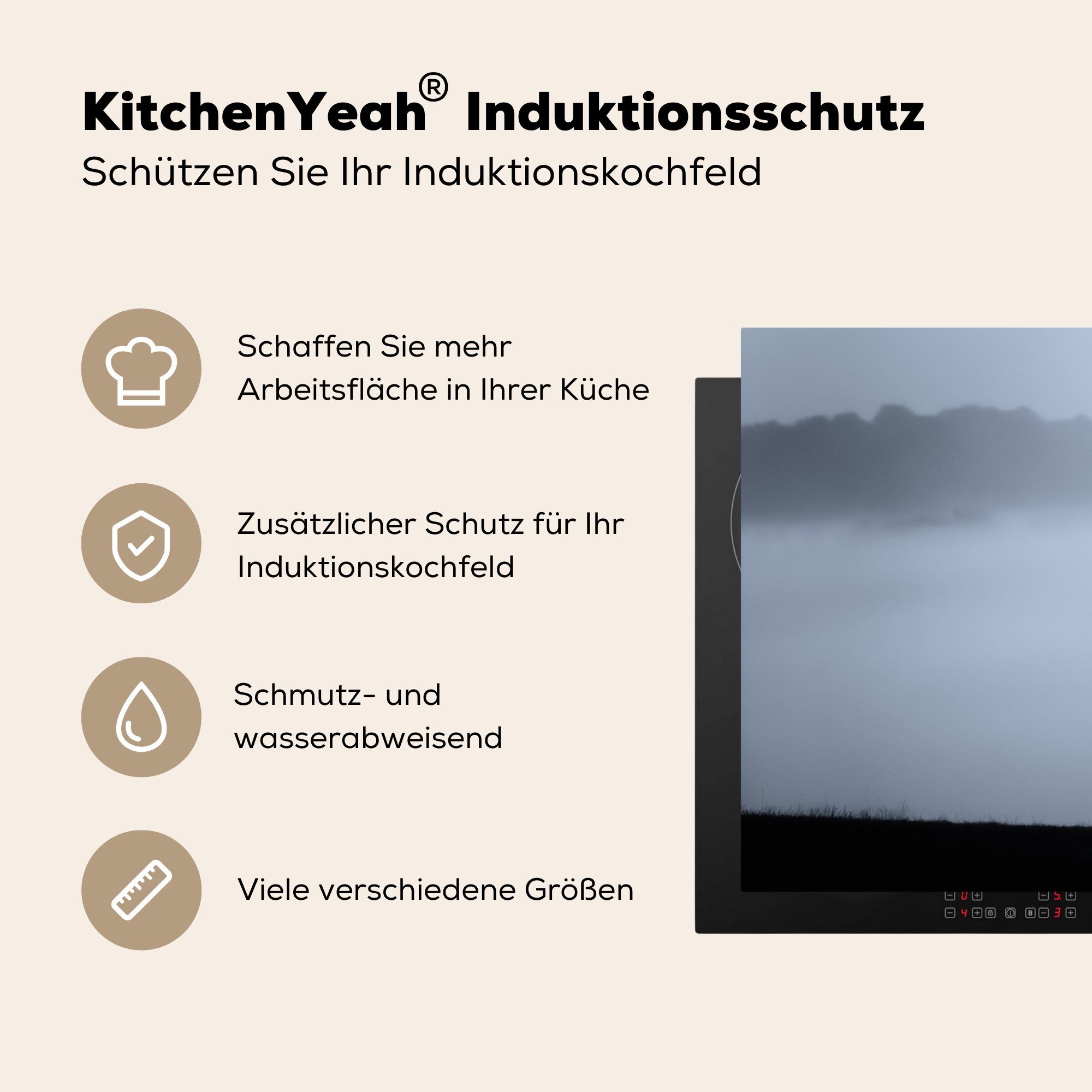 cm, Vinyl, - MuchoWow - für Ceranfeldabdeckung, Nebel Hirsch 83x51 (1 Herdblende-/Abdeckplatte küche Arbeitsplatte Silhouette, tlg),