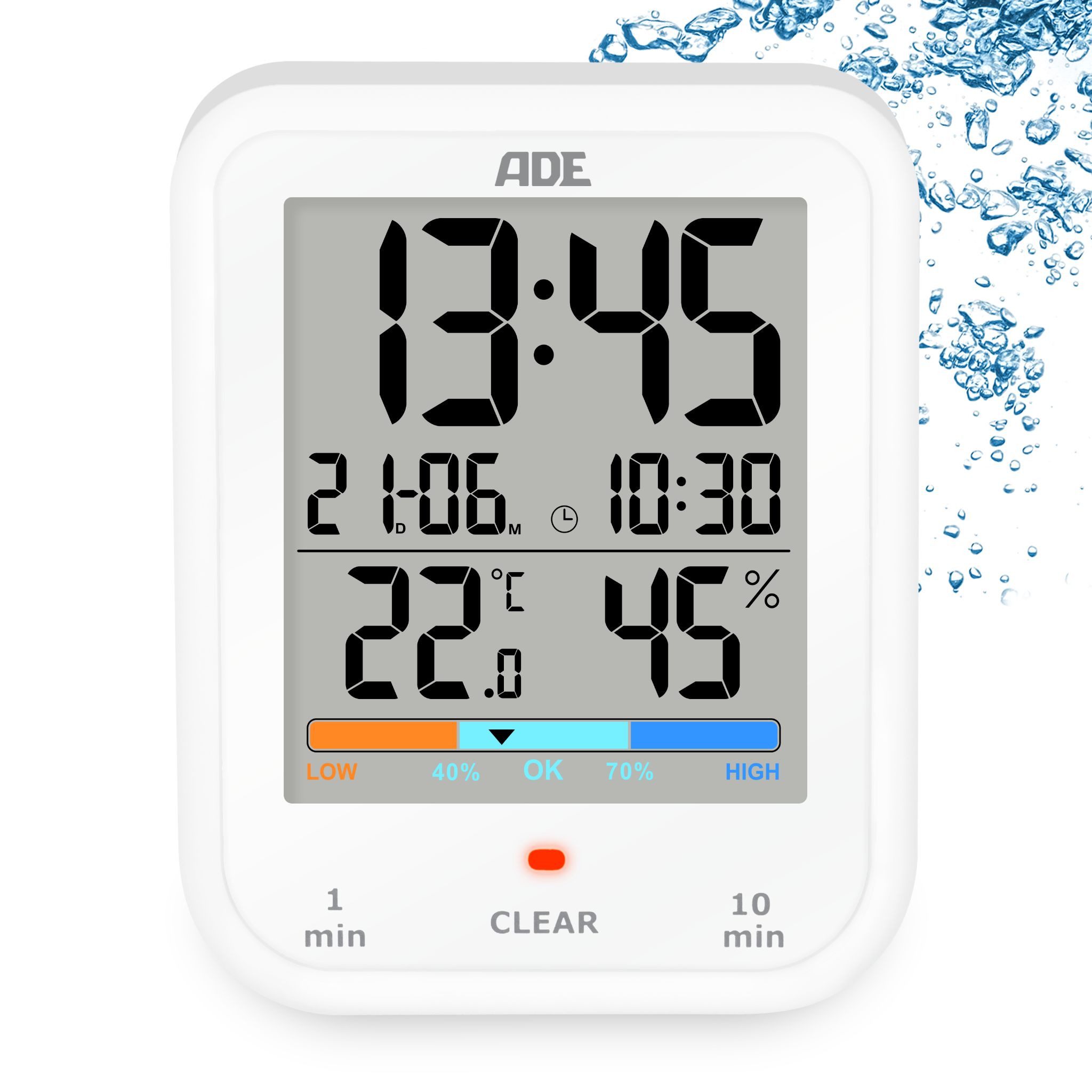 ADE Badezimmeruhr Duschuhr, IP65 wasserdicht, mit Duschtimer, Thermometer & Hygrometer (Baduhr mit Countdown, Uhrzeit & Datum, inkl. AAA Batterien)