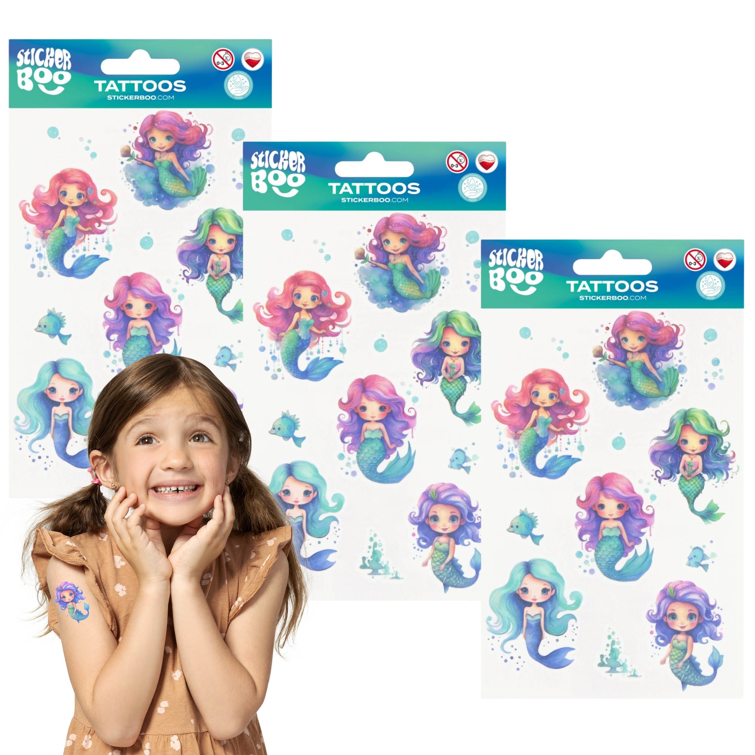 Sarcia.eu Stickerbuch Meerjungfrau Kinder-Tattoo-Set, abwaschbare Kinder-Tattoos x3