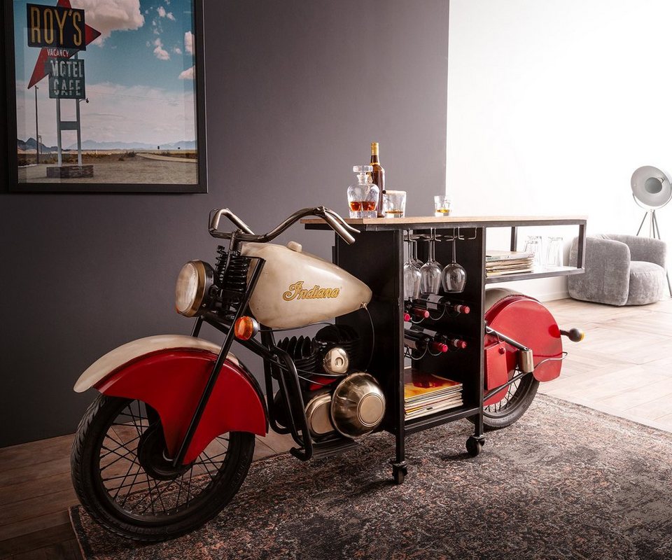 DELIFE Bartisch Motorrad, Mangoholz und Metall Rot 220x100 cm Bar