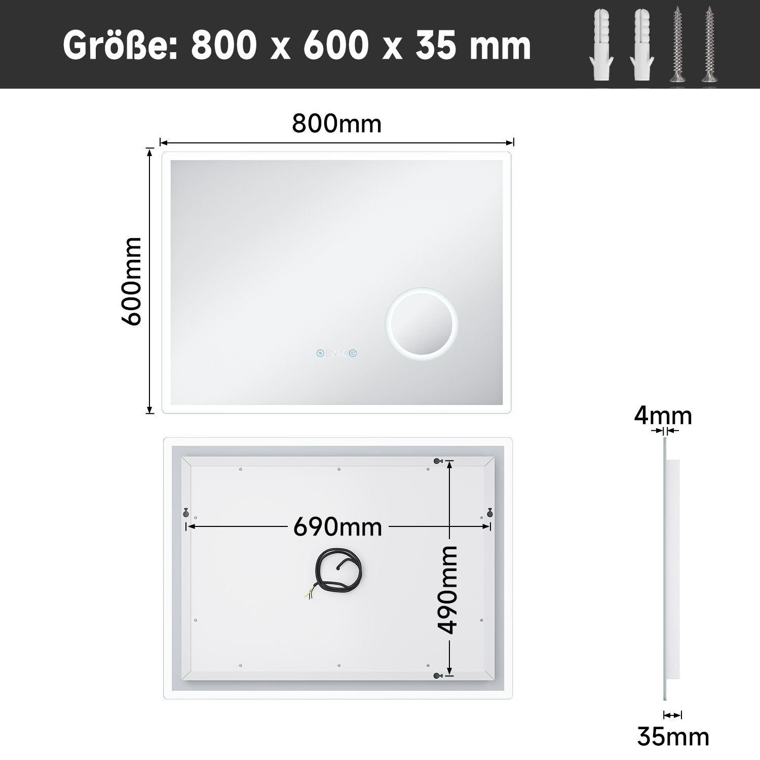 Badspiegel 80/100x60cm mit SONNI LED Uhr, IP44 Badspiegel Touch, mit Temperatur, Vergrößerung, einstellbar, Helligkeit Beschlagfrei, mit Beleuchtung 3-facher