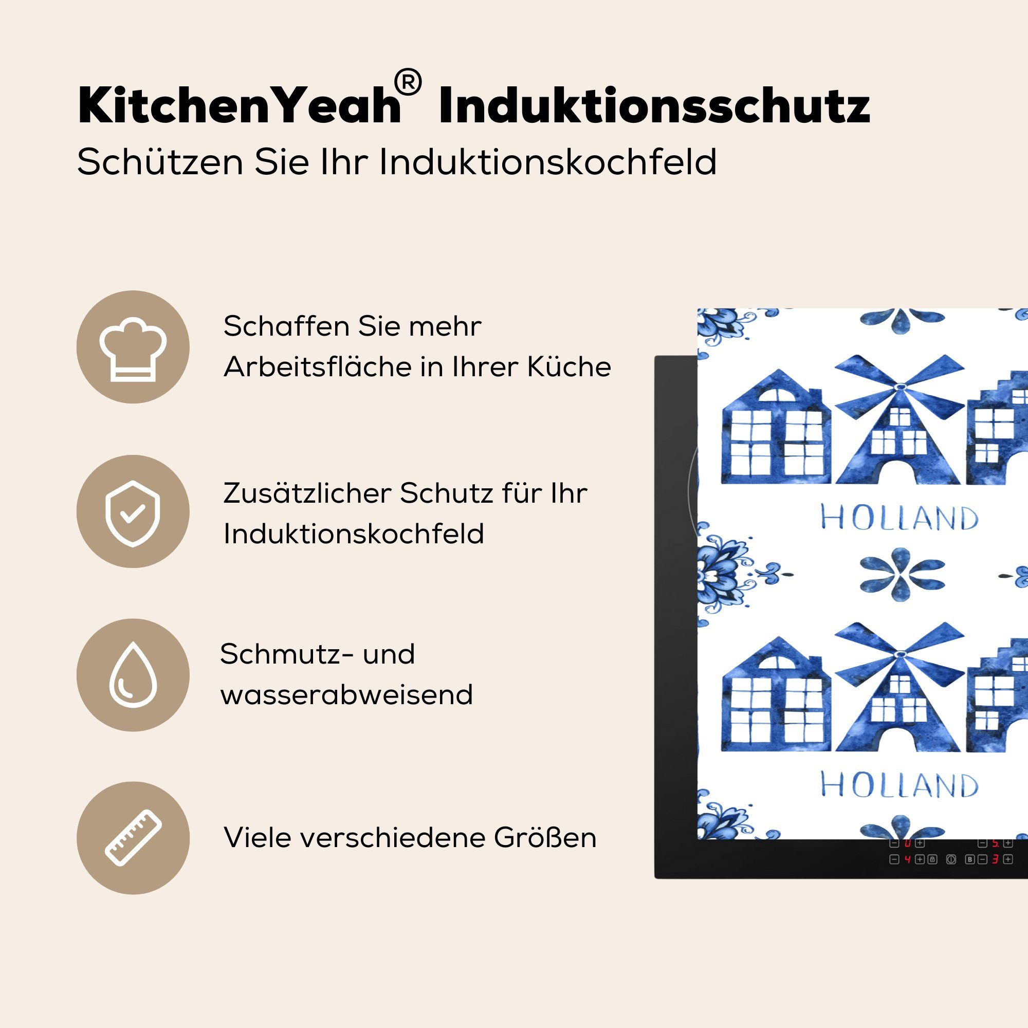 MuchoWow Herdblende-/Abdeckplatte Muster - 81x52 - Delfter Holland (1 cm, Ceranfeldabdeckung für Vinyl, küche, die tlg), Schutz Blau, Induktionskochfeld
