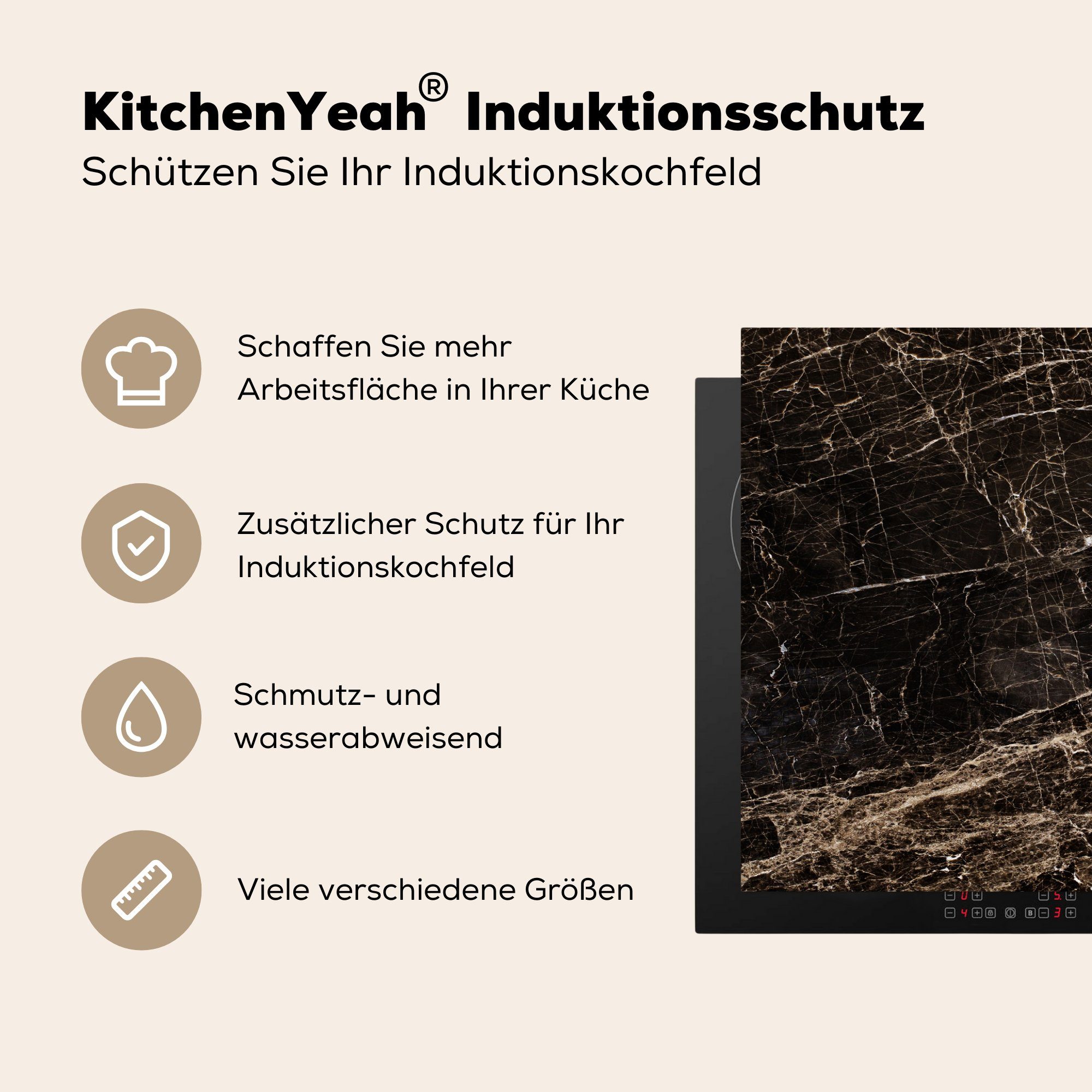 Schwarz MuchoWow - - cm, tlg), Klassisch, 78x78 Marmor Ceranfeldabdeckung, - küche Arbeitsplatte Herdblende-/Abdeckplatte Vinyl, (1 Braun für