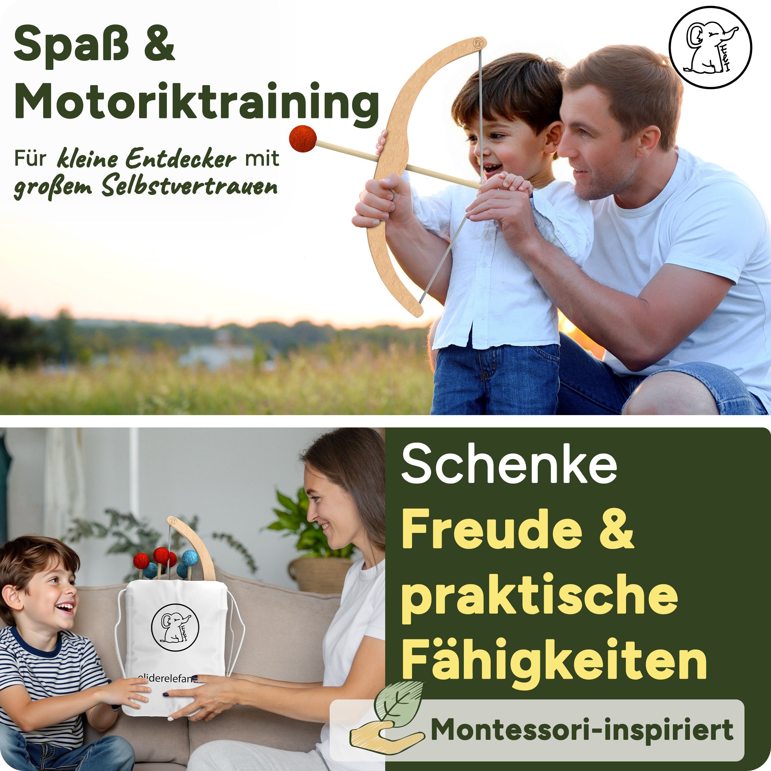 Eli Kinderbogenset Pfeil und Bogen für Kinder mit 6 Pfeilen aus Filz- 3 Zielscheiben (Baumwollrucksack - Bogenschießen Kinder, 11-tlg., Spielzeug ab 3 Jahre - Holzspielzeug), Innen - und Outdoor