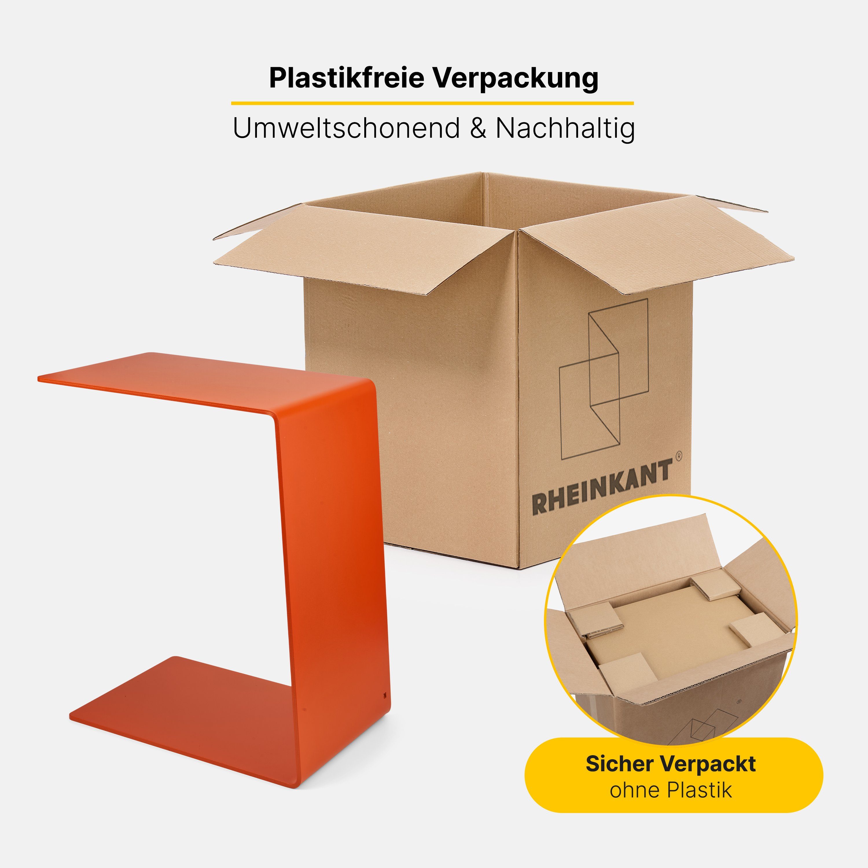 Orange Germany Plastikverpackung RHEINKANT hochwertigem keine Beistelltisch Made Couchtisch, Aufstellmöglichkeiten, Aus pulverbeschichtetem (4 Stahl, in KÖBES, Nachttisch), Sofatisch,