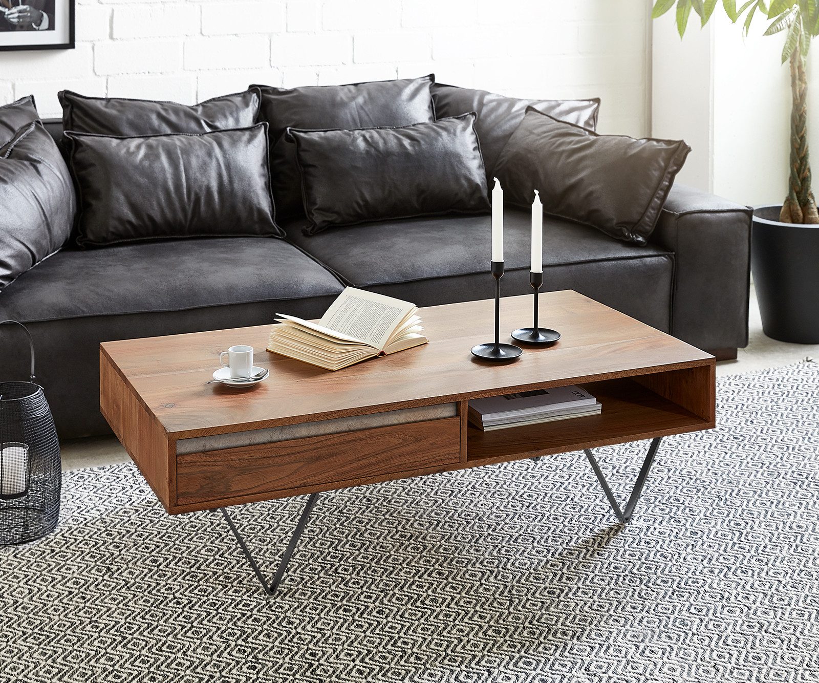 DELIFE Couchtisch Stonegrace, Akazie Braun Schiefer 115x60 cm 2 Schübe 1 Fach V-Fuß Schwarz
