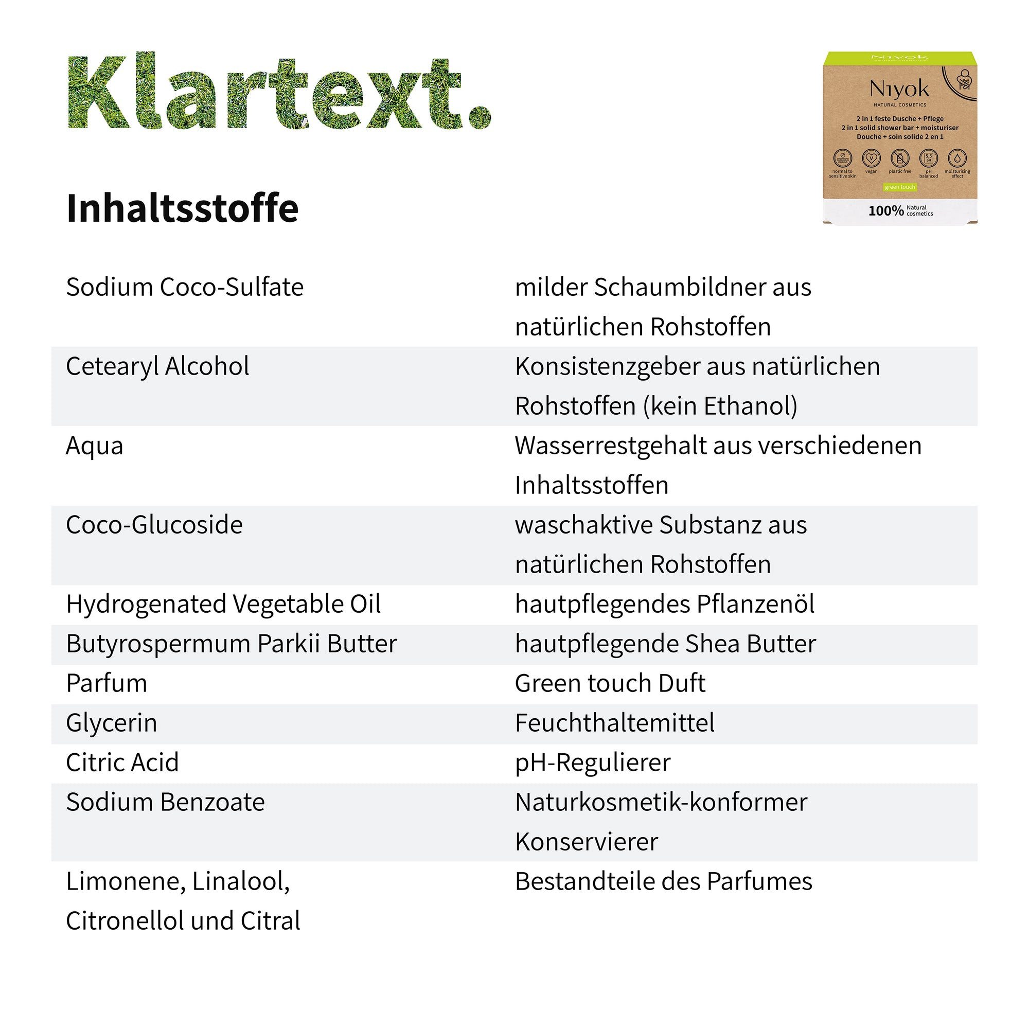Niyok Feste Duschseife + Pflege 2-in-1 Naturkosmetik, Vegane Seife für Körper & Hände, Seife für Körper & Hände, Plastikfrei & Vegan, PH-Neutral