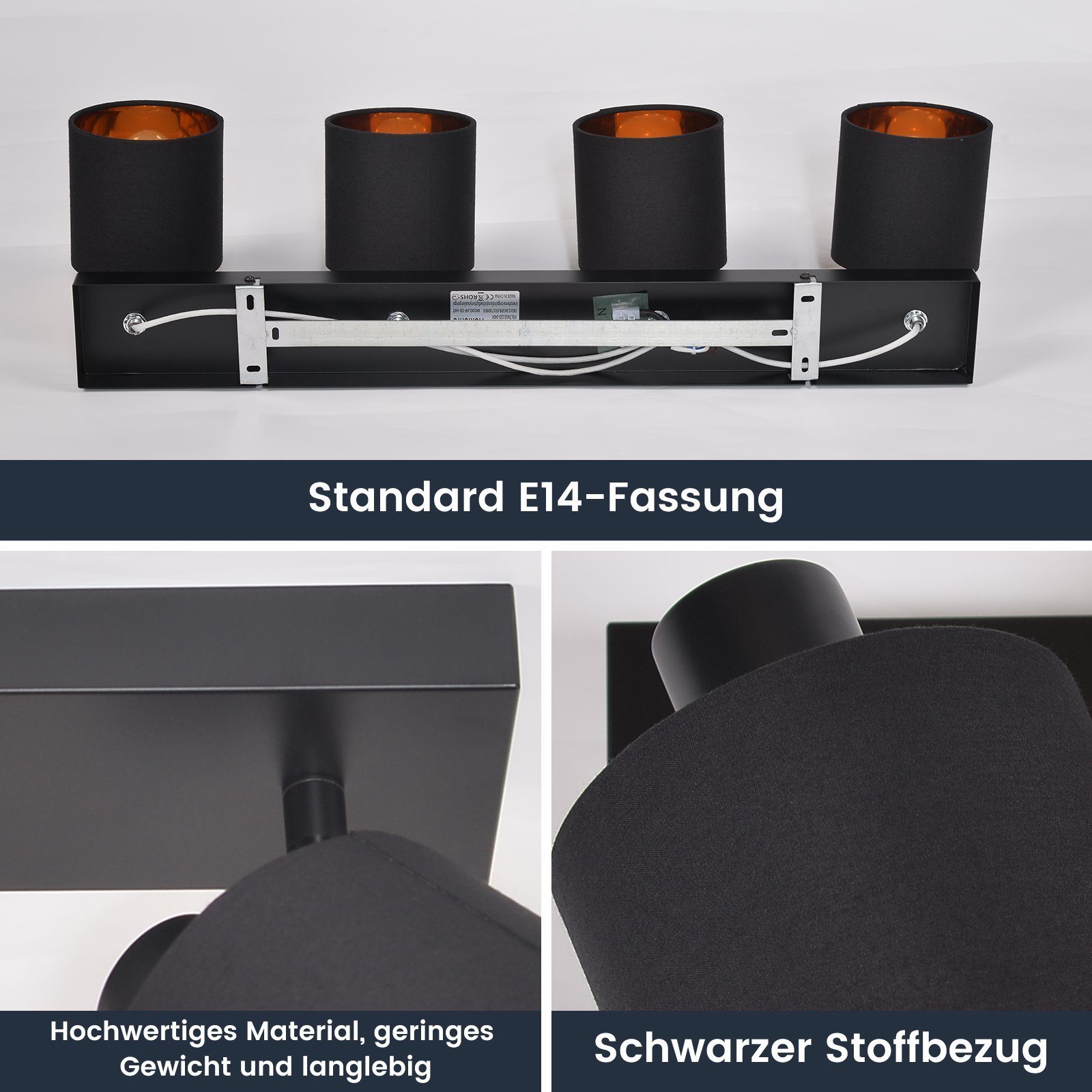 350°, Modern ZMH E14 Leuchtmittel), Stoffschrim Schwarz Schwenkbar Flammig ohne Deckenleuchte Flur(ohne für 4 Leuchtmittel, Deckenstrahler Schlafzimmer MAX.25W