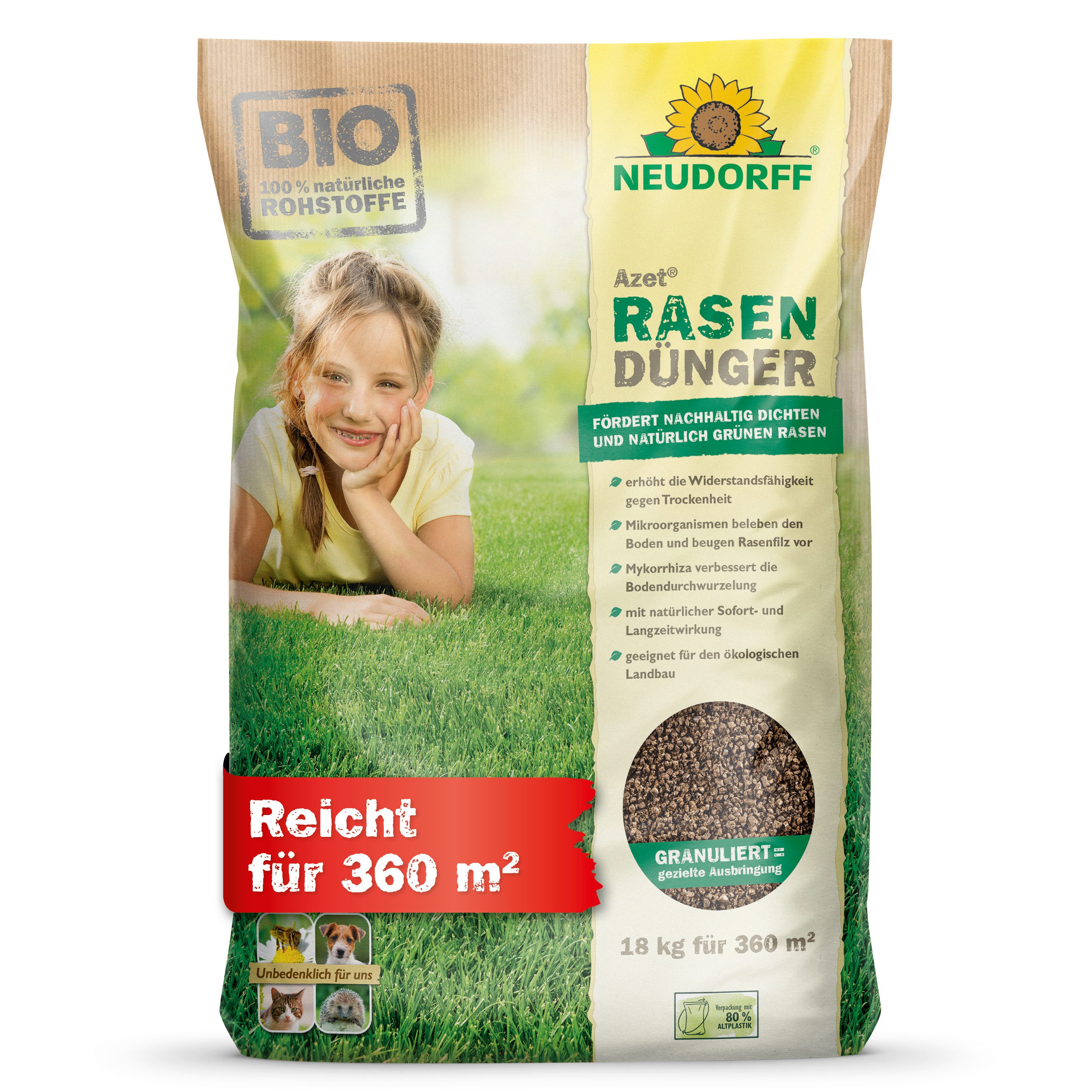 Neudorff Rasendünger Neudorff Azet RasenDünger, Mit Mikroorganismen & Mykorrhiza für eine verbesserte Nährstoffaufnahme, Mit Mikroorganismen & Mykorrhiza für bessere Nährstoffaufnahme, Mit Mikroorganismen & Mykorrhiza für Rasen und Boden