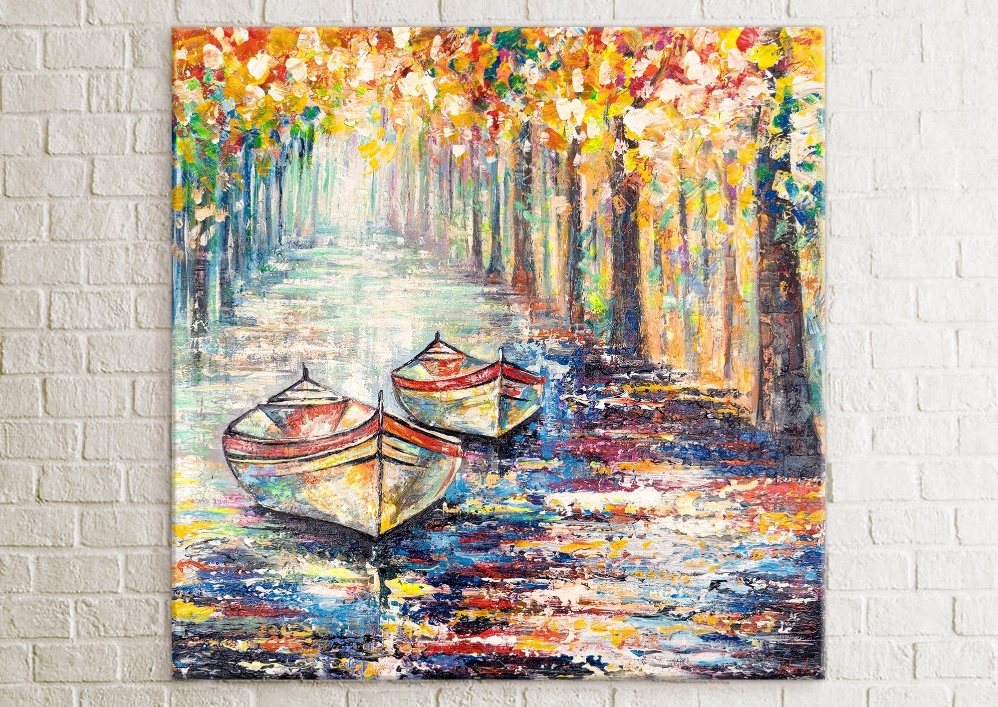 YS-Art Gemälde Segelboote Bild Landschaft, Baum Schattenfugenrahmen Leinwand Bunt Handgemalt Anlegeplatz, Herbstlicher Ohne