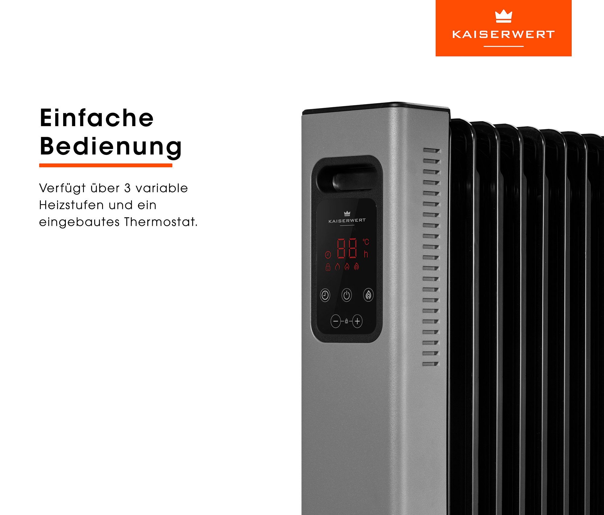 Kaiserwert Ölradiator Deluxe, 2500 W, Memory-Funktion Rippen, 11 Touch-Display, Thermostat, 24h-Timer