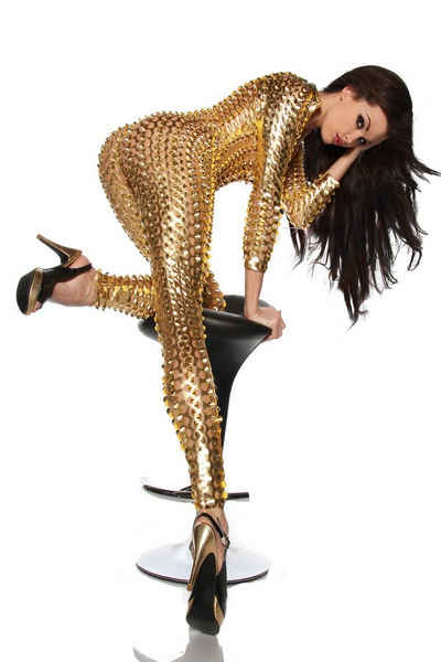 Saresia Body Gold glänzender Catsuit Overall Stretch Body Stock