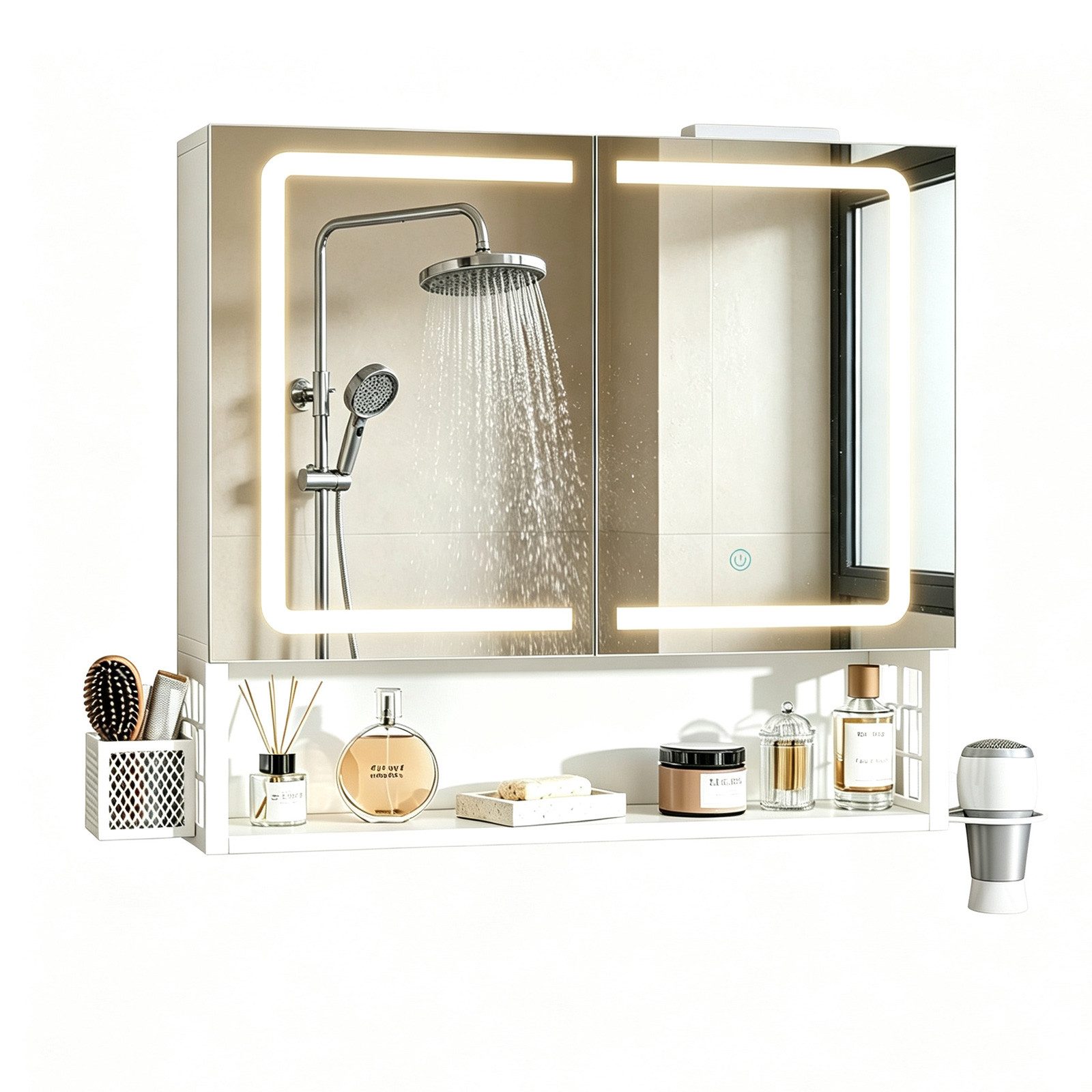 MSMASK Spiegelschrank mit LED-Beleuchtung und Steckdose, Badezimmerschrank mit verstellbarer Ablage, dimmbar, 60×17×60 cm