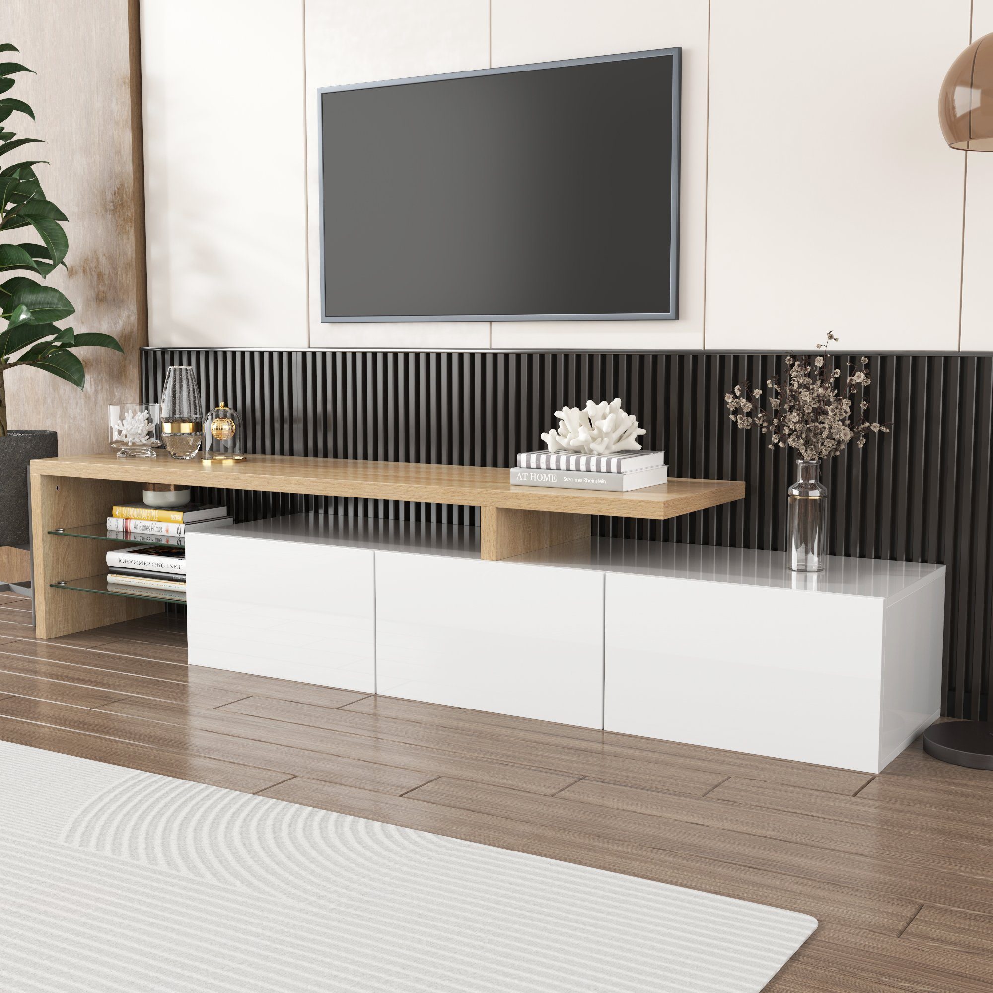 REDOM Lowboard LED-Beleuchtung), TV-Schrank-Design (mit Weiß 197.50 cm Breite Modernes
