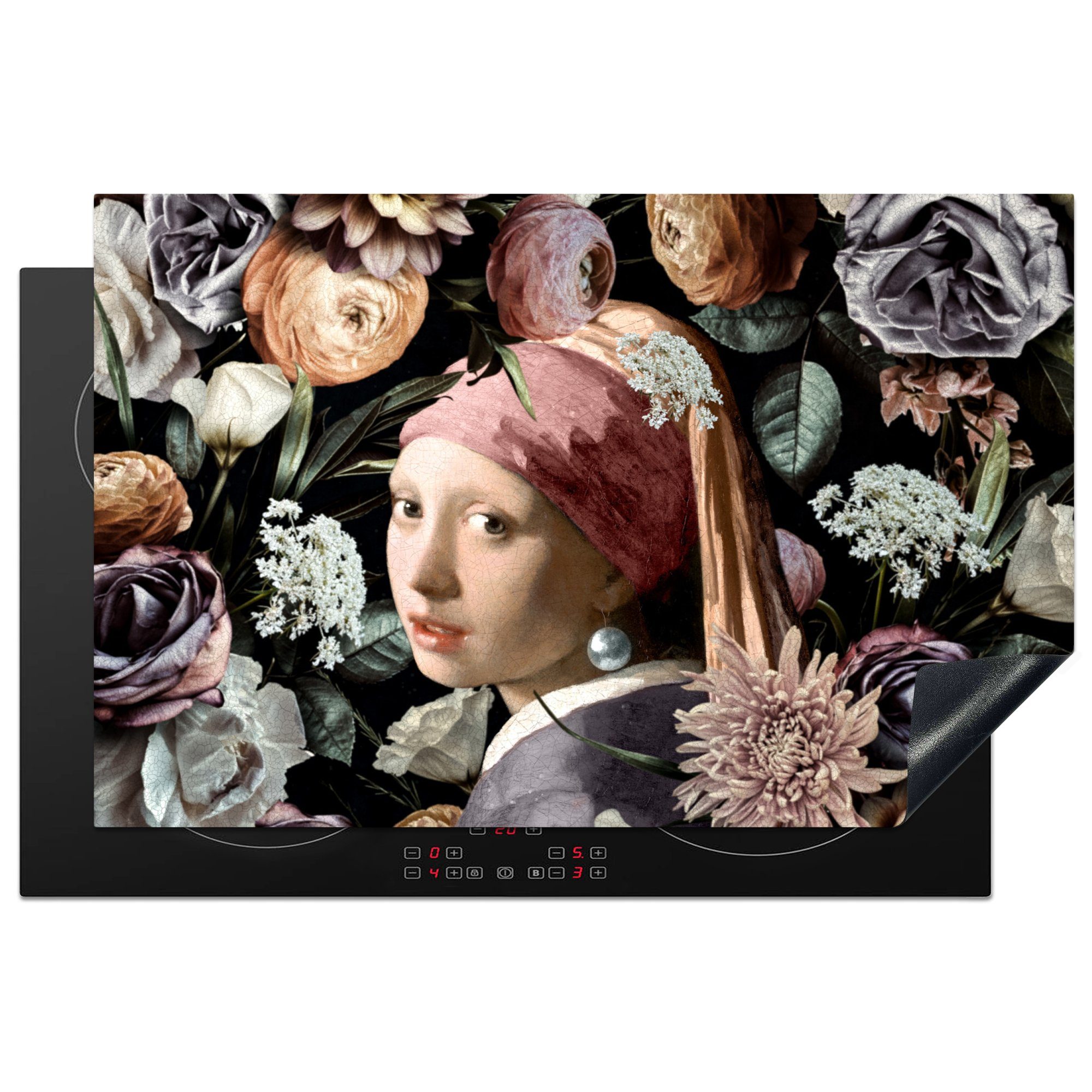 MuchoWow Herdblende-/Abdeckplatte Mädchen mit Perlenohrring - Blumen - Vermeer - Pastell - Kunstwerk -, Vinyl, (1 tlg), 81x52 cm, Induktionskochfeld Schutz für die küche, Ceranfeldabdeckung