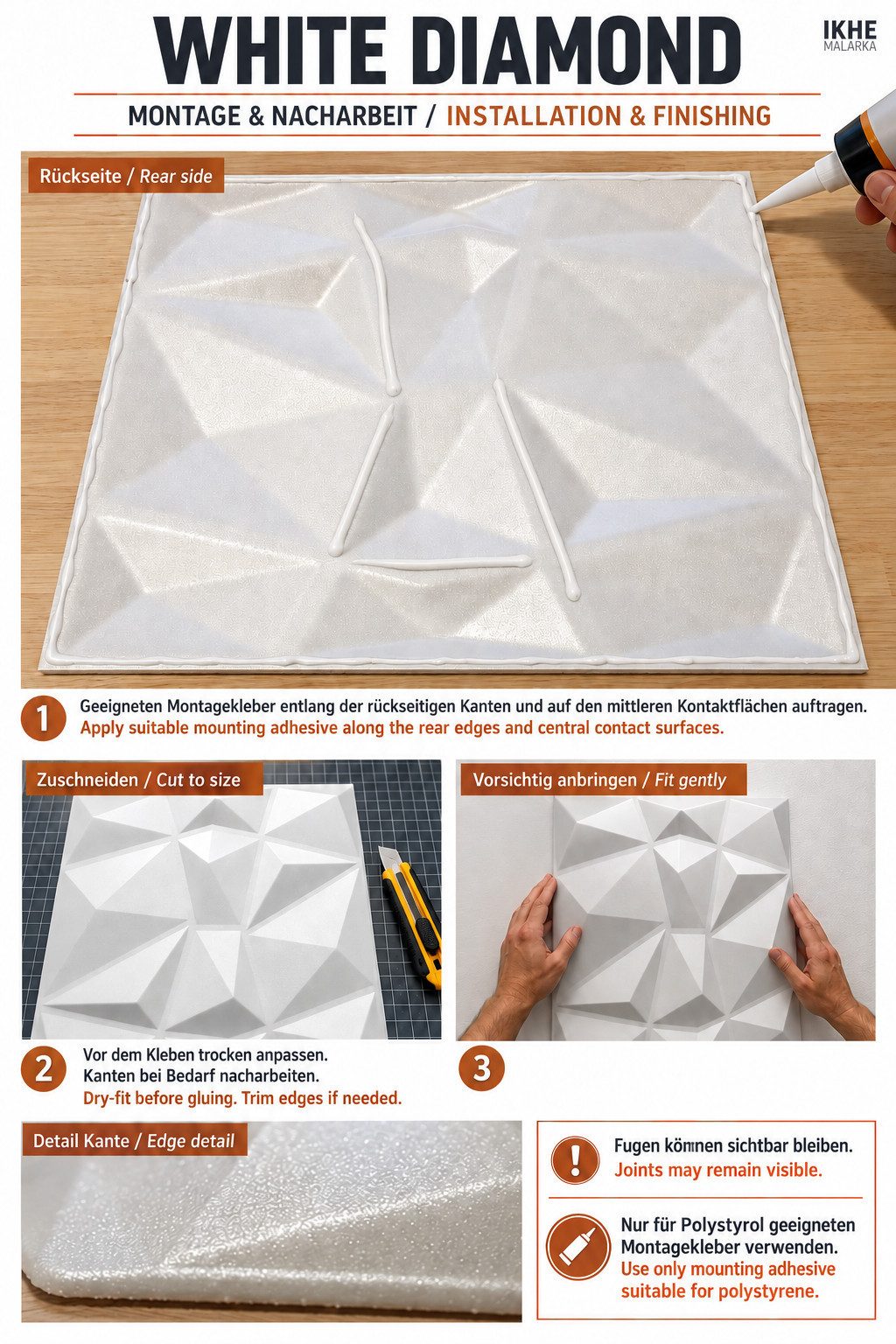 IKHEMalarka 3D Wandpaneel aus Polystyrol Styropor XPS 4m²/16 Stück, BxL: 50,00x50,00 cm, 0,25 qm, (16-tlg) 3D Paneelen für Decke oder Wand – Bild 4 von 5